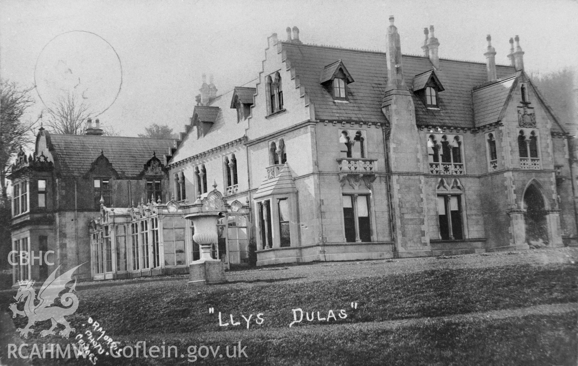 Copy of black and white image of Llys Dulas, Llaneilian, copied from early postcard showing exterior, loaned by Thomas Lloyd.