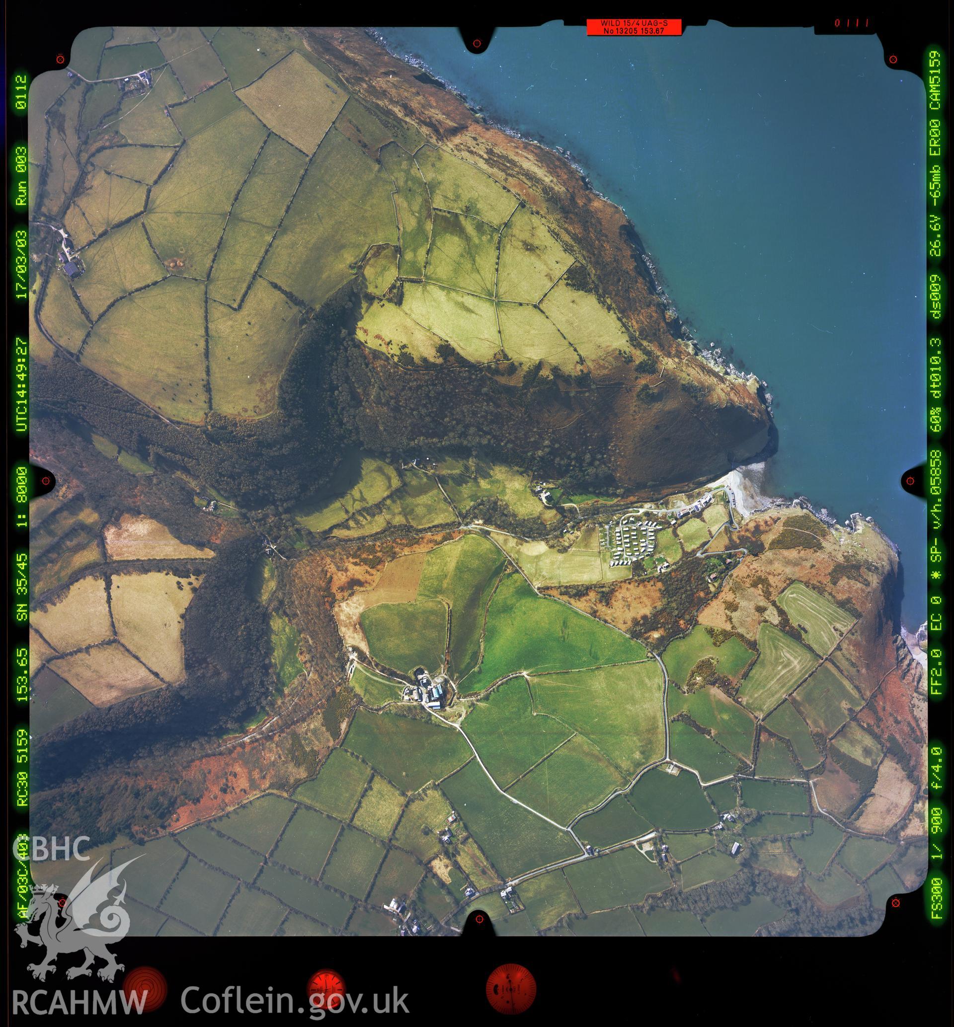 Digitized copy of a colour aerial photograph showing Cwmtydu, taken by Ordnance Survey, 2003.