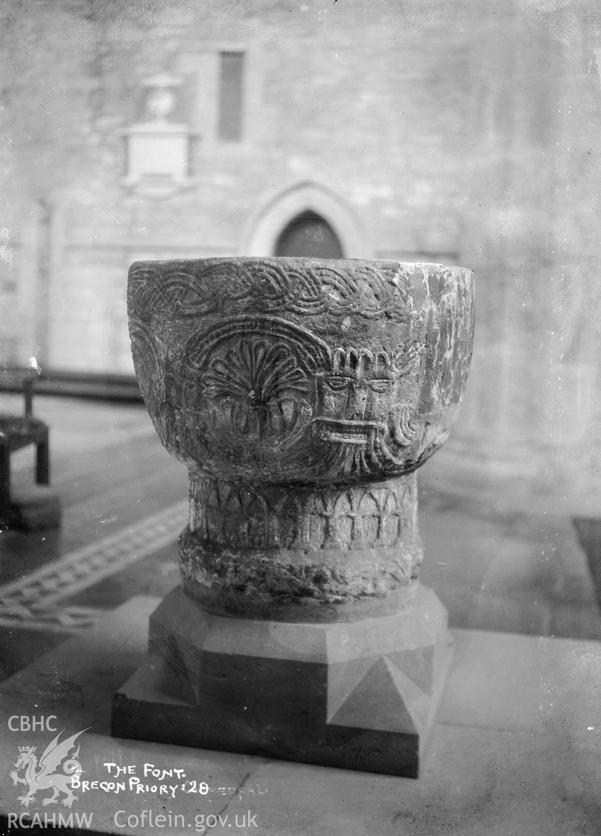View of font at Brecon, taken by. W A Call.