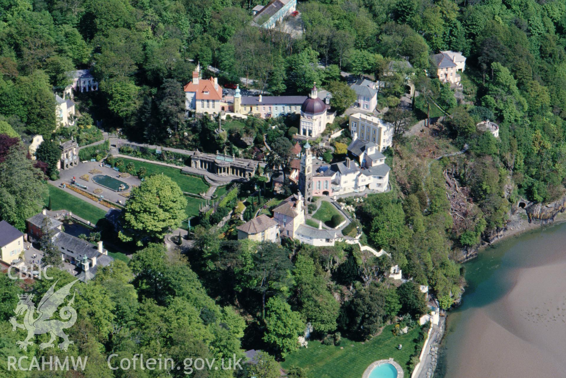 Slide of RCAHMW colour oblique aerial photograph of Portmeirion, taken by C.R. Musson, 4/5/1993.