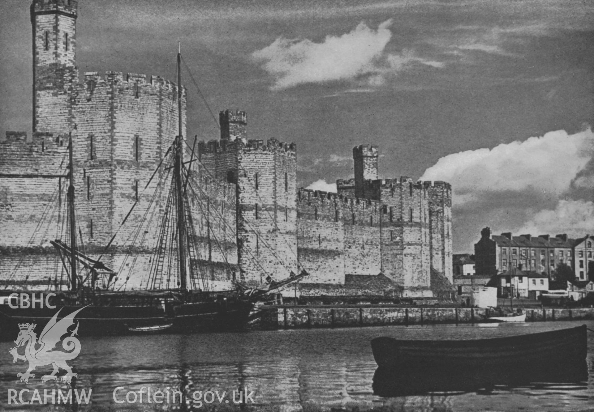 Caernarfon Castle; undated black and white photograph showing the castle also showing in the eastern side of the entrance to the Seiont and coastal traders.