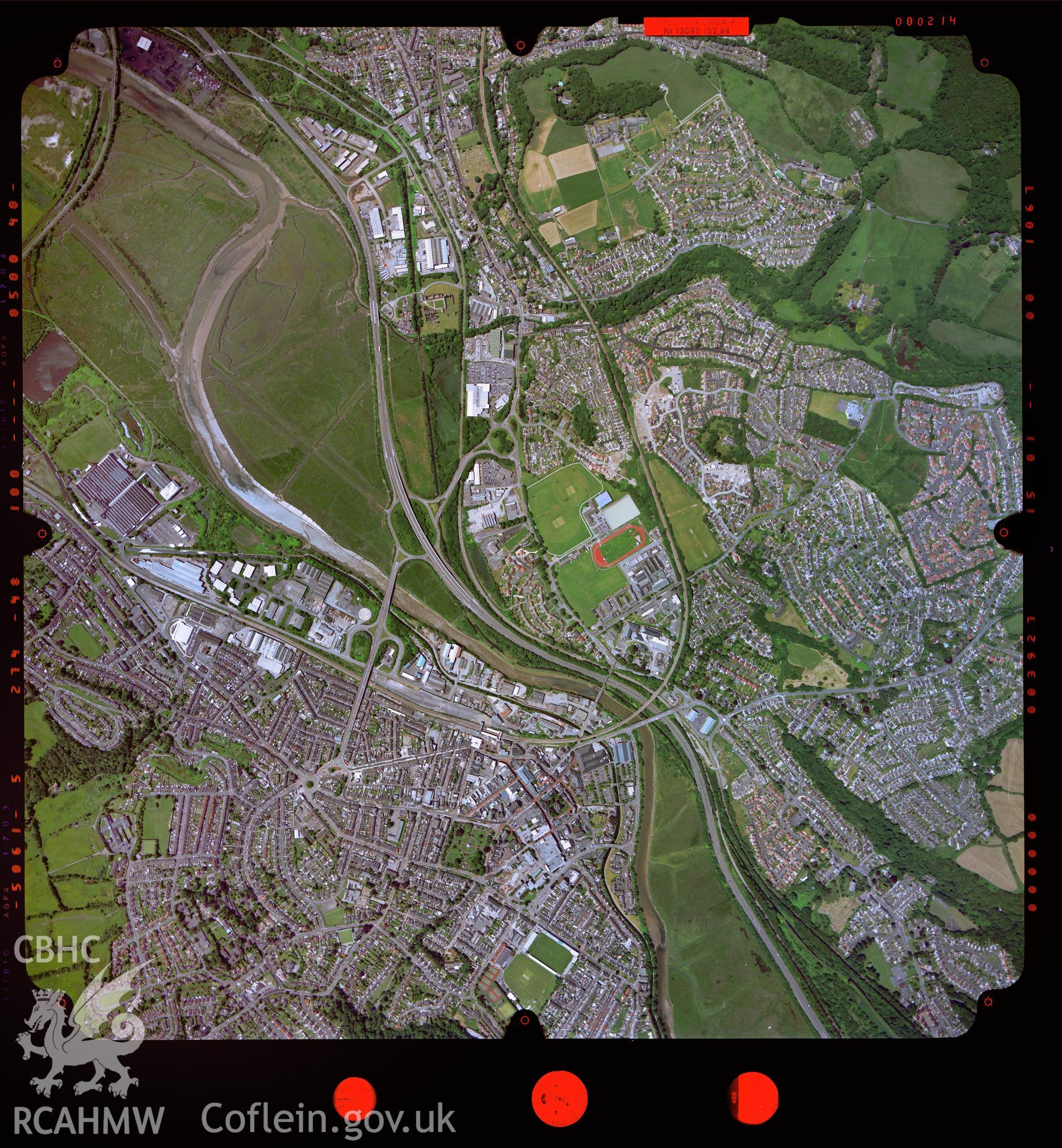 Digitized copy of a colour aerial photograph showing the Neath area, taken by Ordnance Survey, 2003.