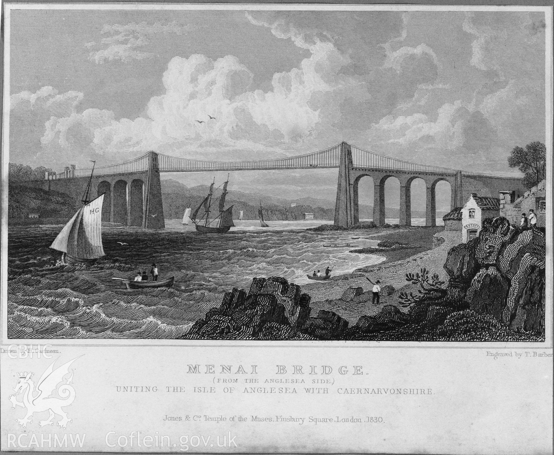 Black and white print of an engraving of Menai Suspension Bridge, Menai Bridge. copy negative held.