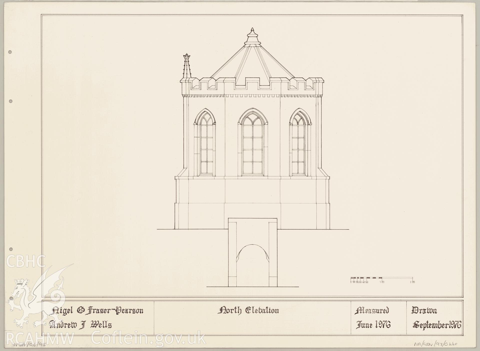 Measured drawing showing north elevation of the summerhouse in the grounds of Rookwood Hospital, Llandaff, produced by Nigel G. Fraser-Pearson and Andrew J. Wells, September 1976.
