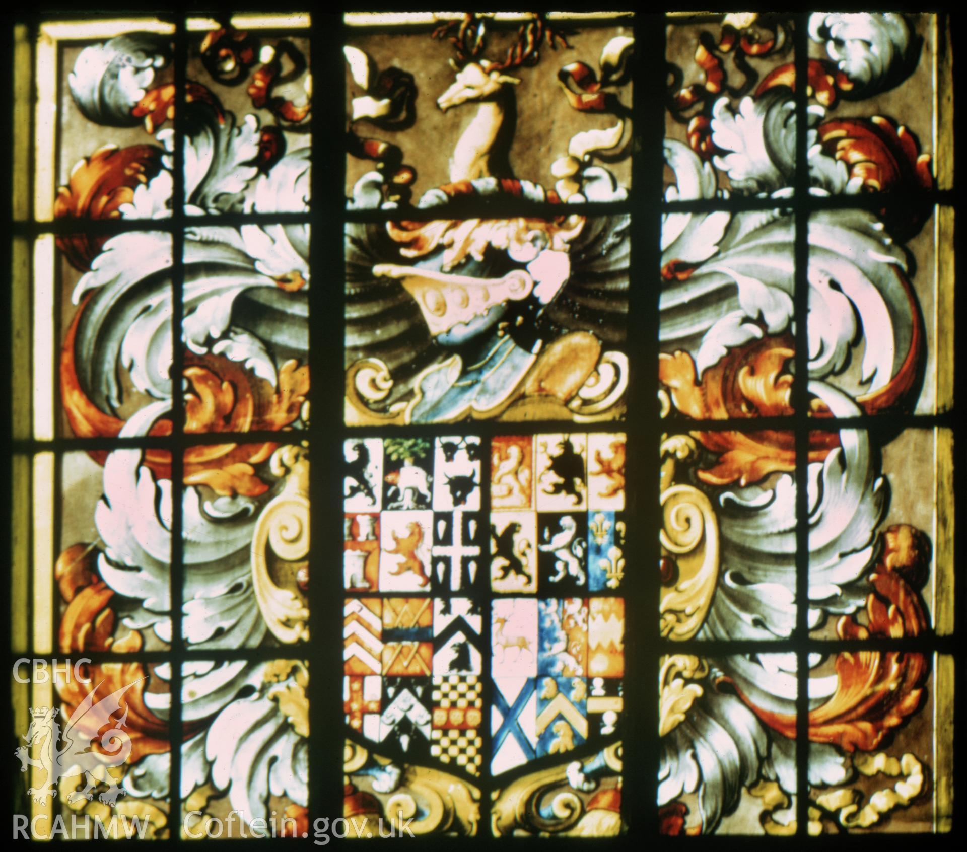 35mm colour slide showing stained glass window detail at Tredegar House, Newport, produced by A.J. Parkinson, May 1972.