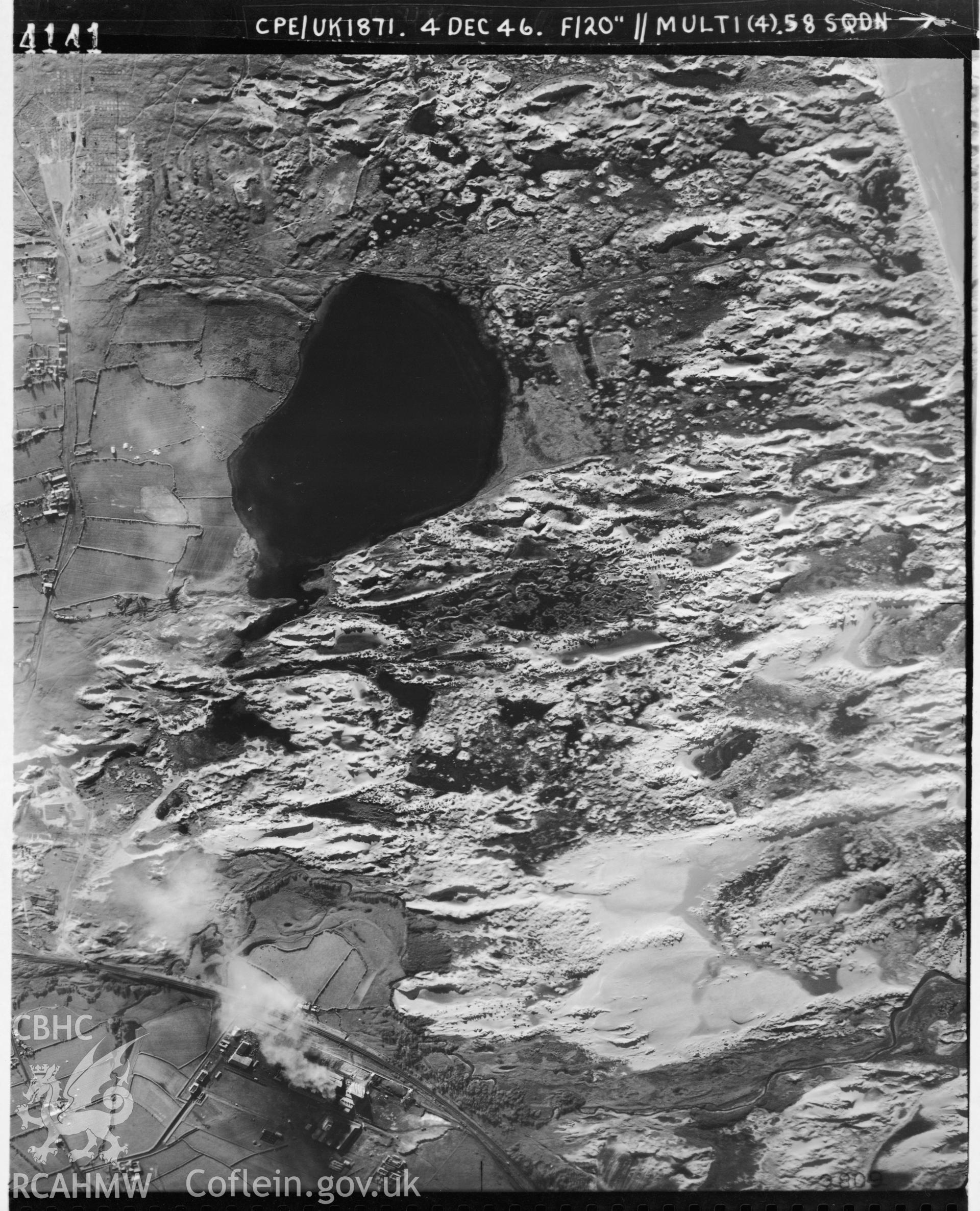 Black and white vertical aerial photograph taken by the RAF on 04/12/1946 centred on SS80218266 at a scale of 1:10000. The photograph includes part of Cynffig community in Bridgend.