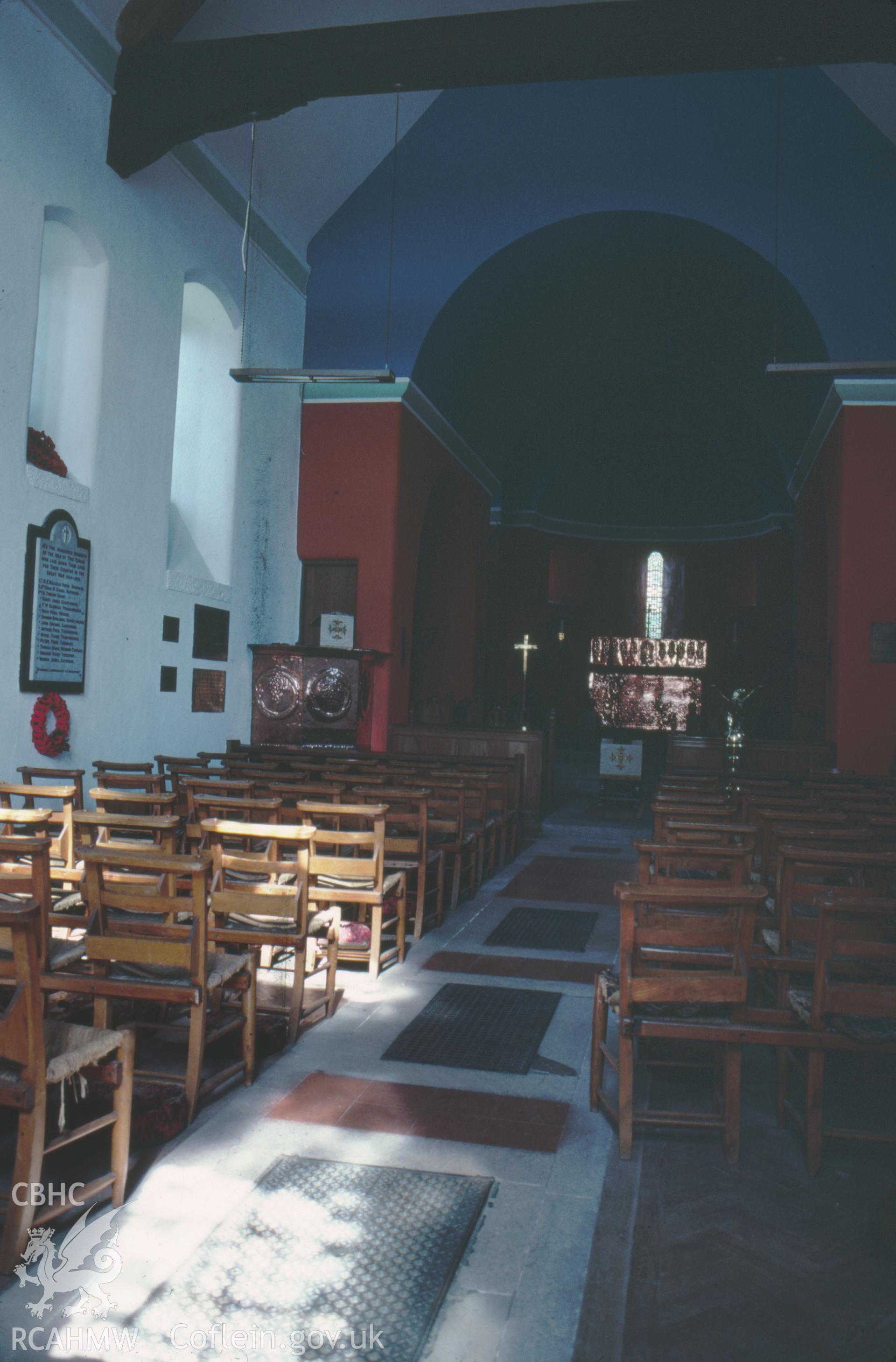 Colour slide showing interior view of Brithdir Church looking east.