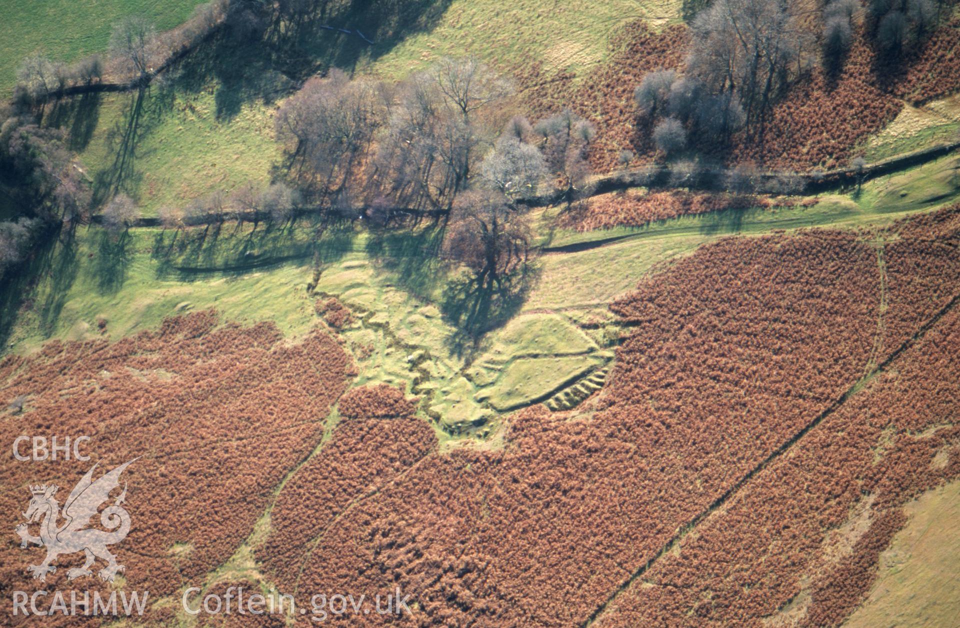 Slide of RCAHMW colour oblique aerial photograph of Cilberllan bank and diches, taken by T.G. Driver, 2003.
