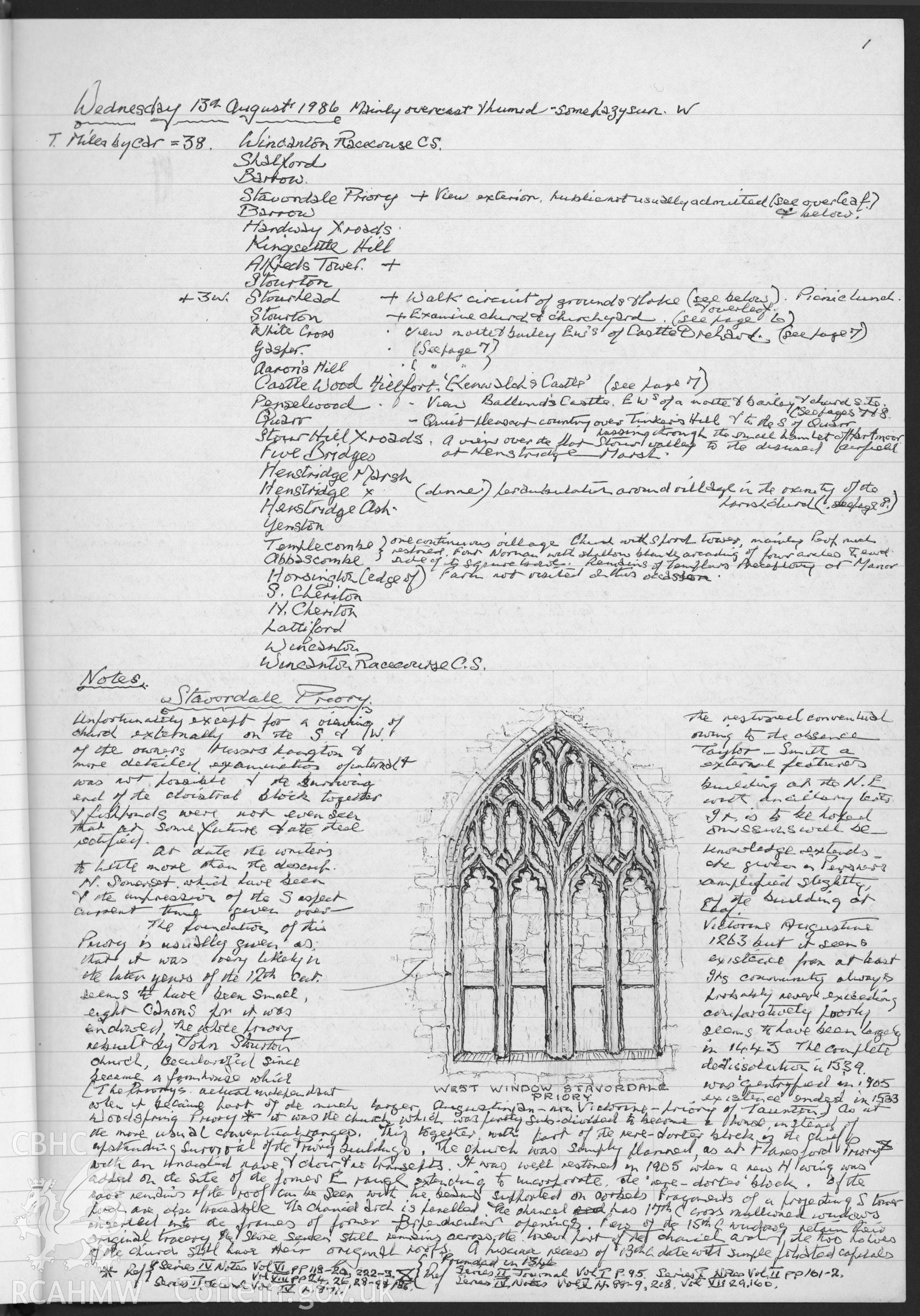 Page from a notebook featuring an illustration by R.E. Kay showing the west window at Stavordale Priory. As featured on p1 of R.E. Kay Notebook Series IV, Vol VIII.