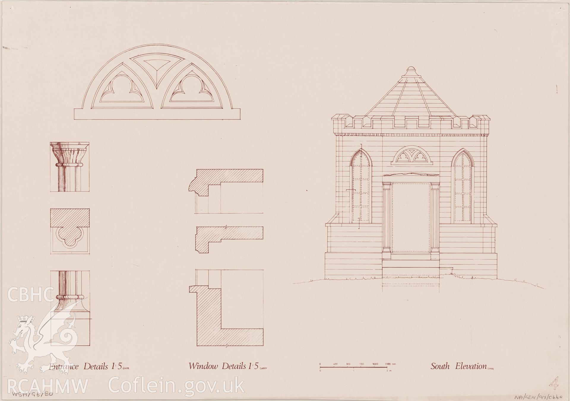 Measured drawing showing south elevation, and window and entrance detail at the summerhouse in the grounds of Rookwood Hospital, Llandaff, produced by N.G. Fraser-Pearson and A.J. Wells, 1976.