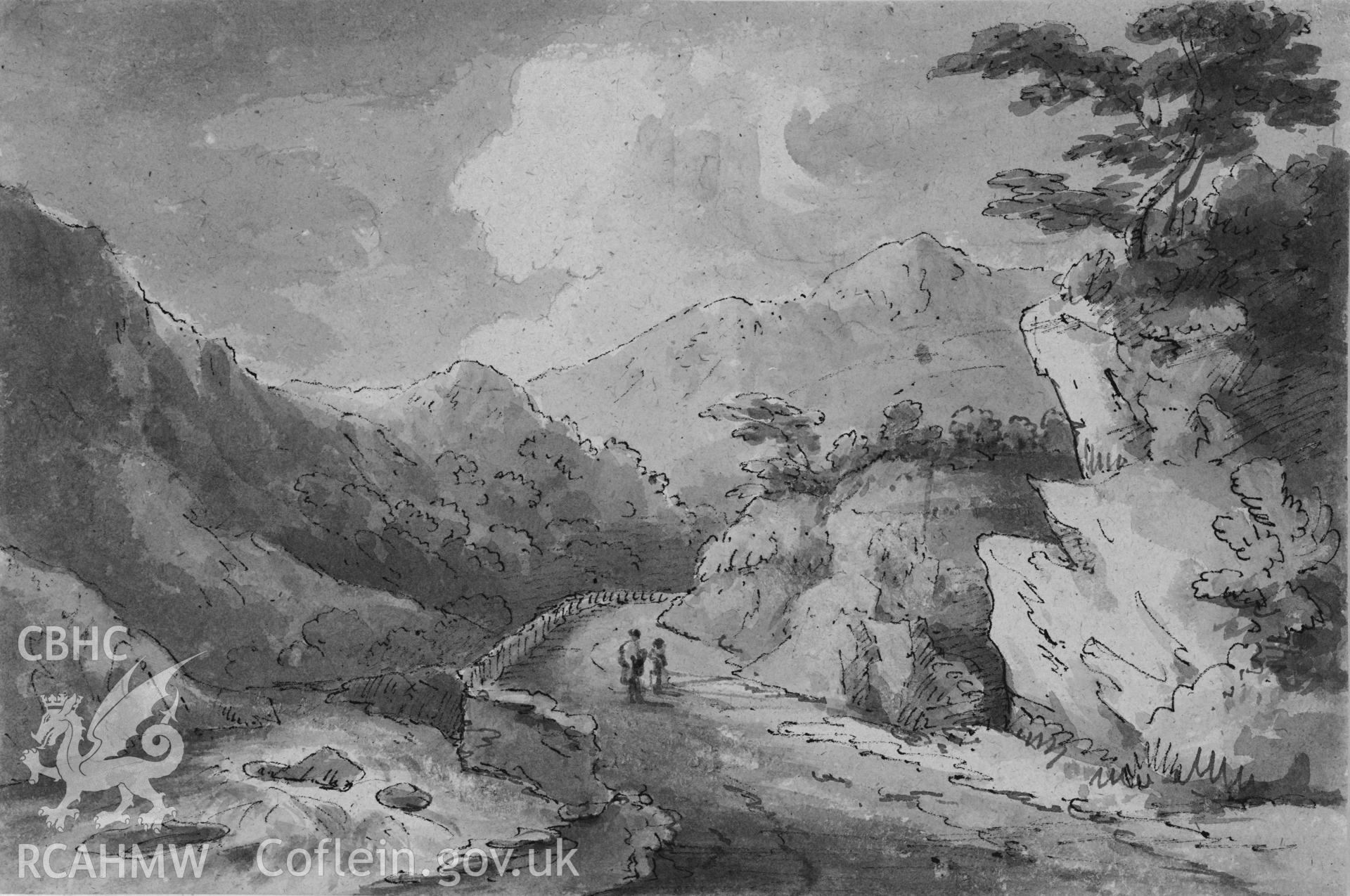 Digital copy of a grey wash drawing showing  view near Capel Curig c1811, attributed to Edward Becker.