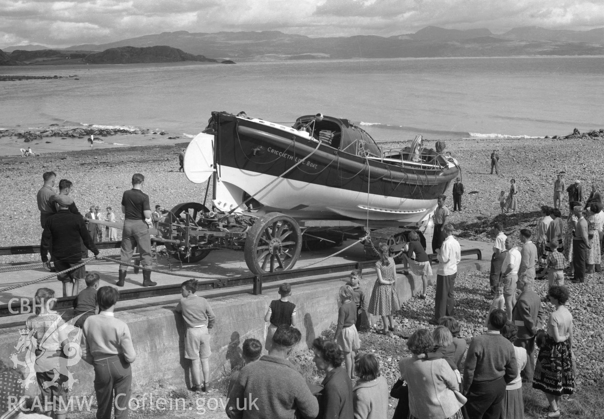 Launch of the lifeboat at Criccieth, c1950.