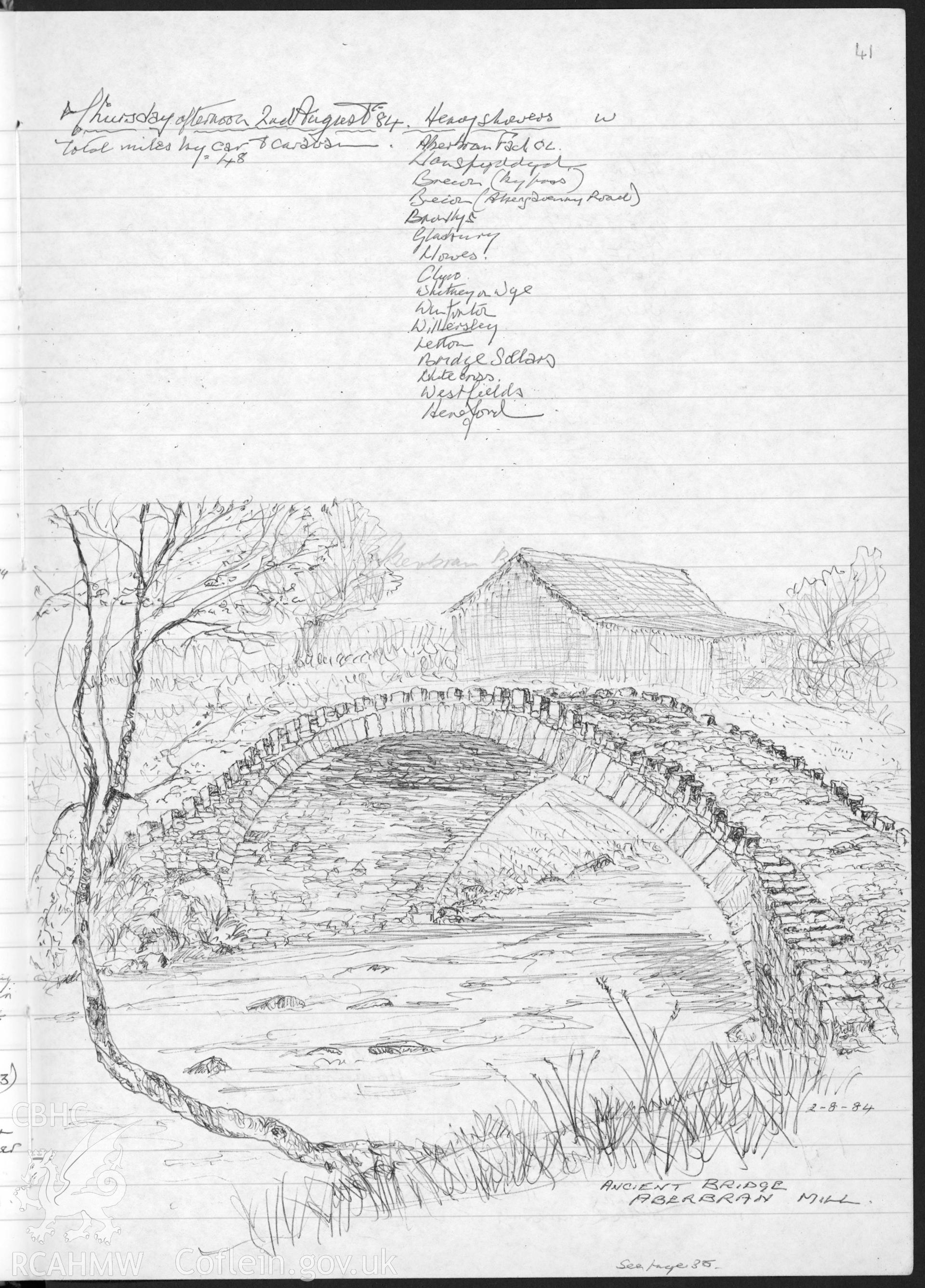 Page from a notebook featuring an illustration by R.E. Kay showing ancient bridge at Aberbran Mill. As featured on p41 of R.E. Kay Notebook Series IV, Vol VII.