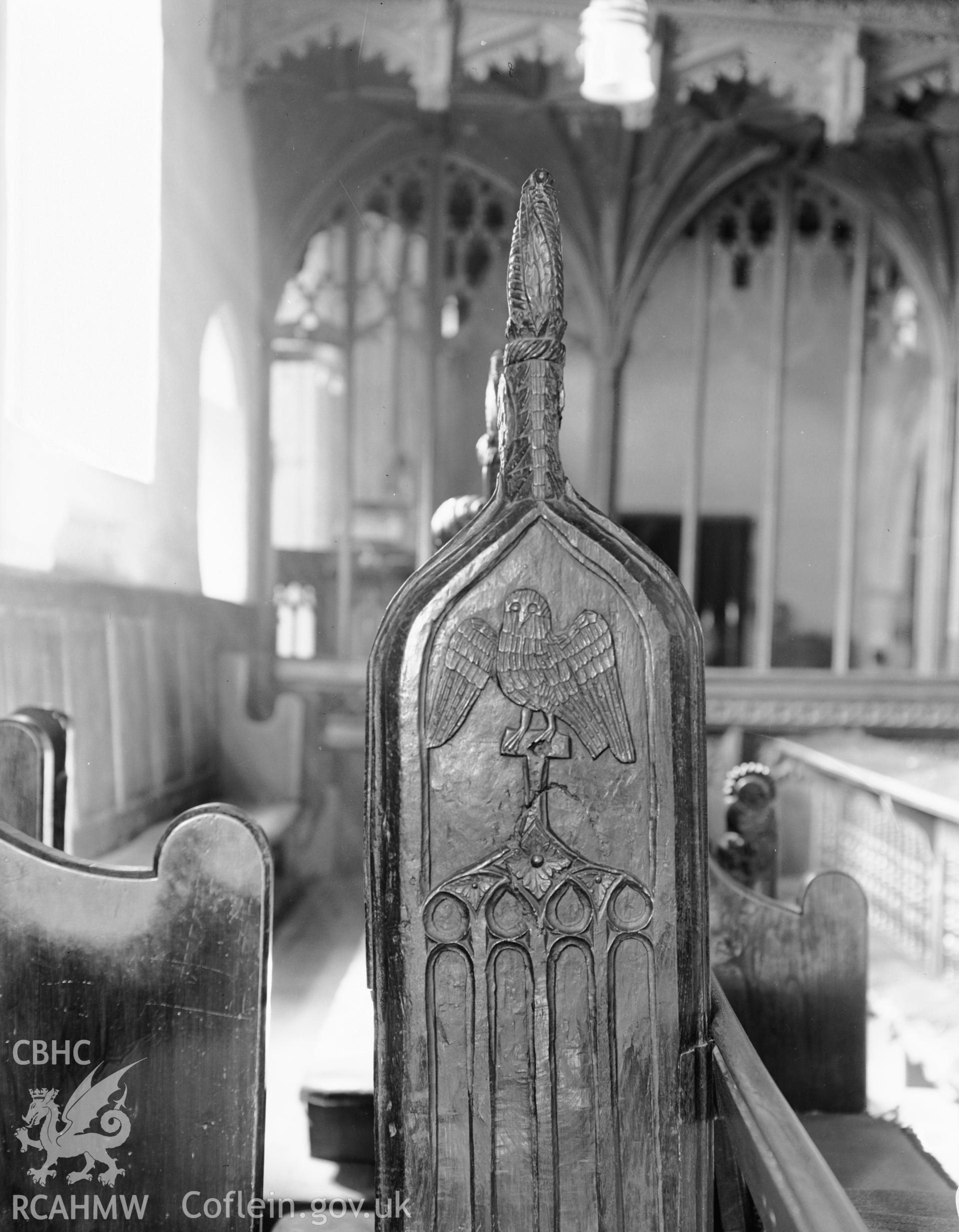 Interior view of St Marys Church Conwy showing bench end carvings, taken in 10.09.1951.