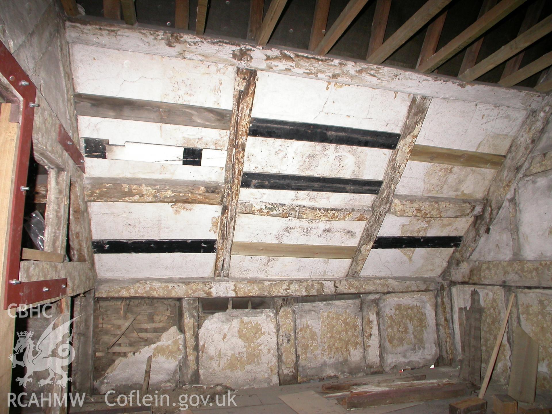 Interior, roof purlins at site of W dormer gable.