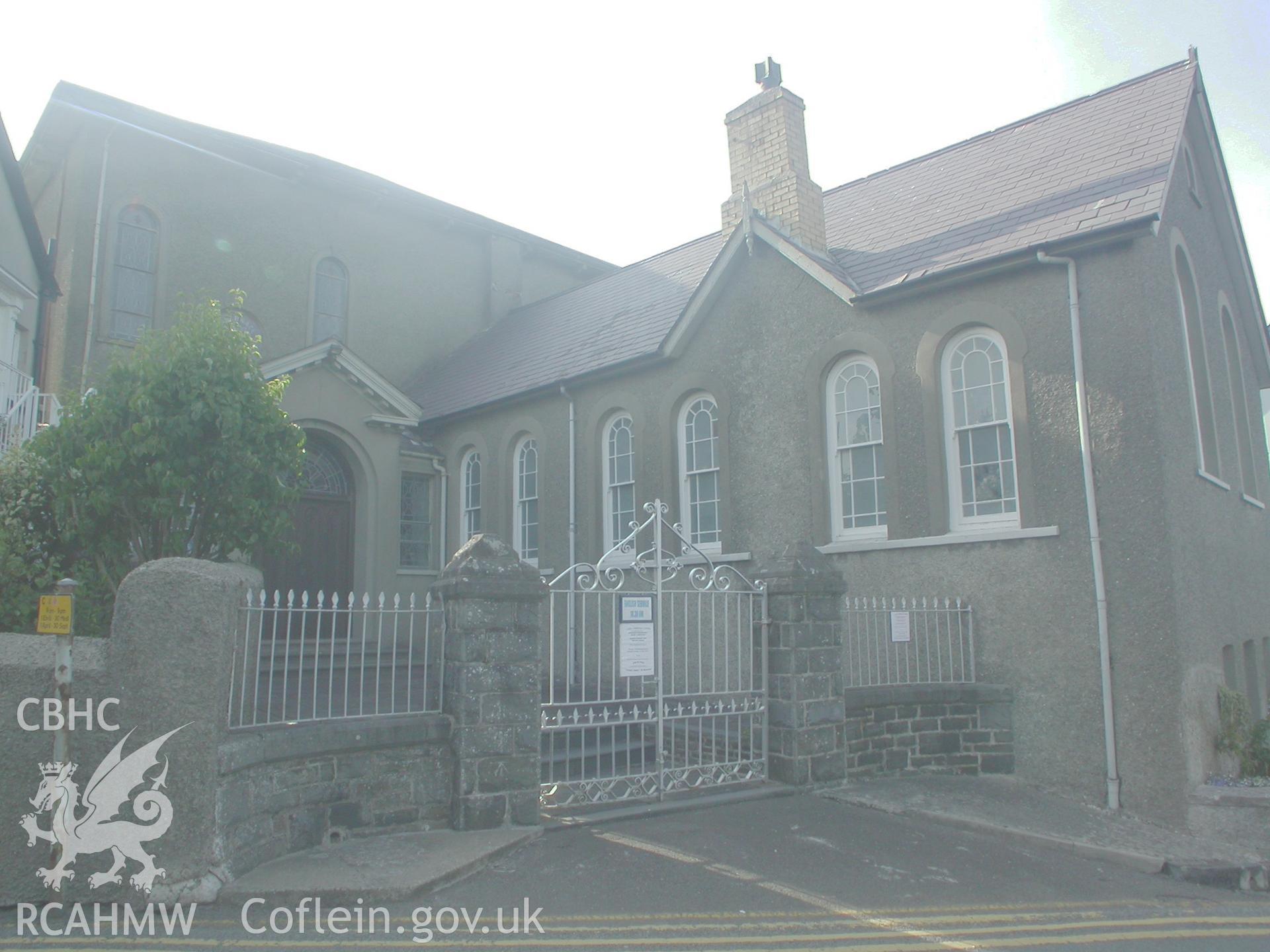 Sunday school, SW front and SE gable facades and chapel (left) from Glanmor Terrace.
