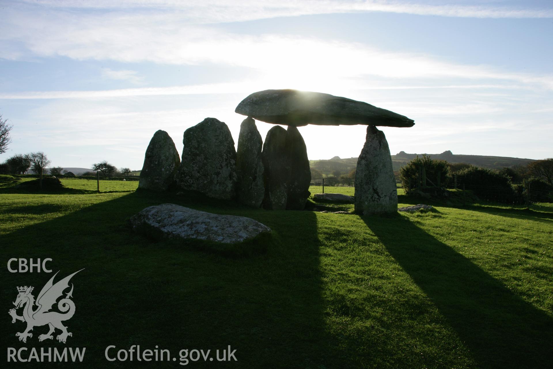 Pentre Ifan chambered tomb at sunset; view from the east.