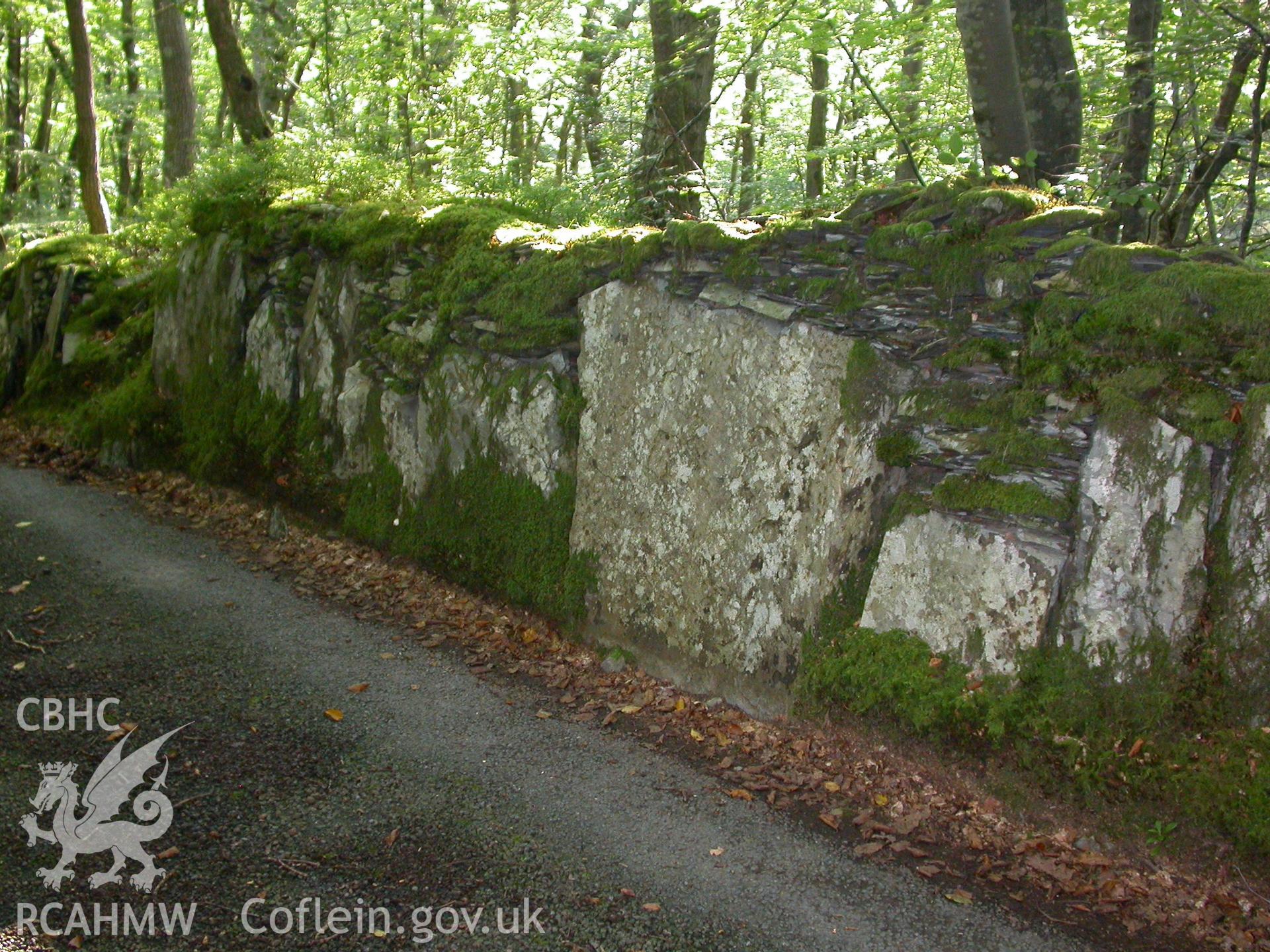 Detail of vertical stone slabs with later stone walling built behind and off the top of the original 'fence'.