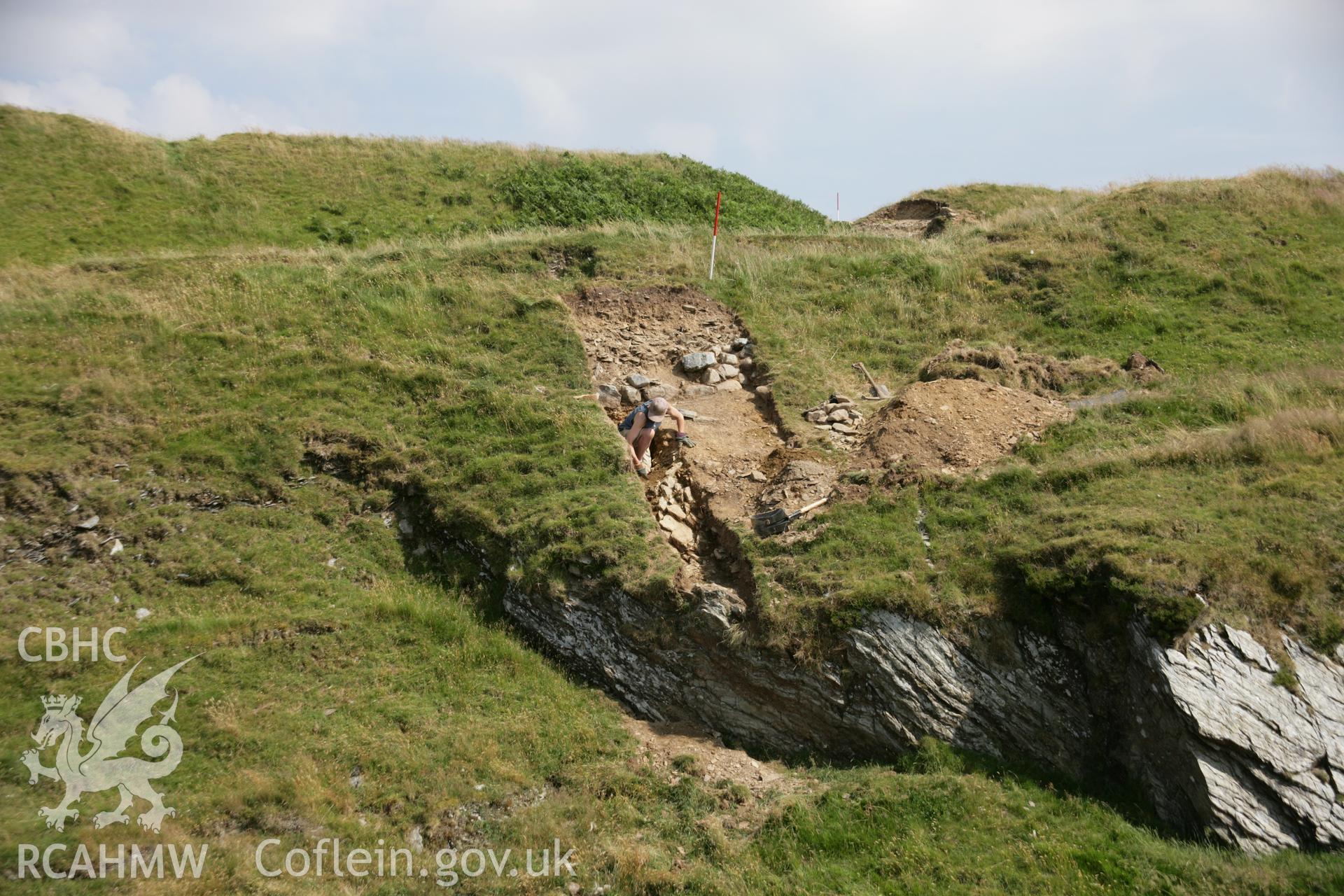 Darren, excavation of north-west outwork revealing revetment, general view from west.