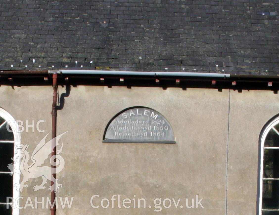Salem Welsh Independent Chapel, detail of date plaque on south front.