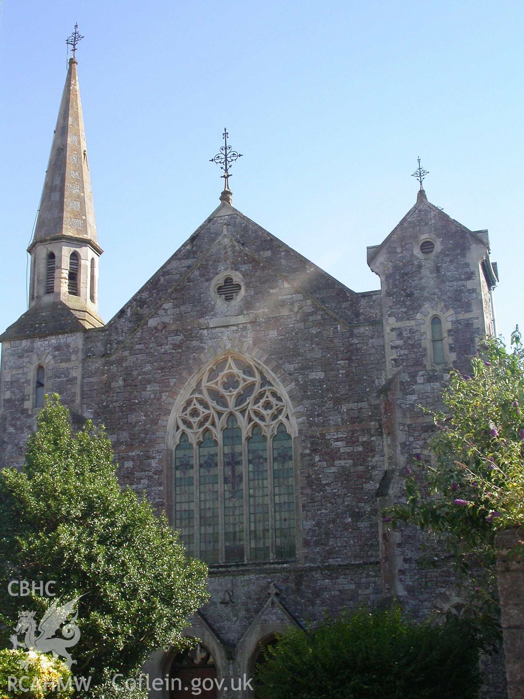 NE chapel front showing twin-doors with 'north Italian' gabled porches.