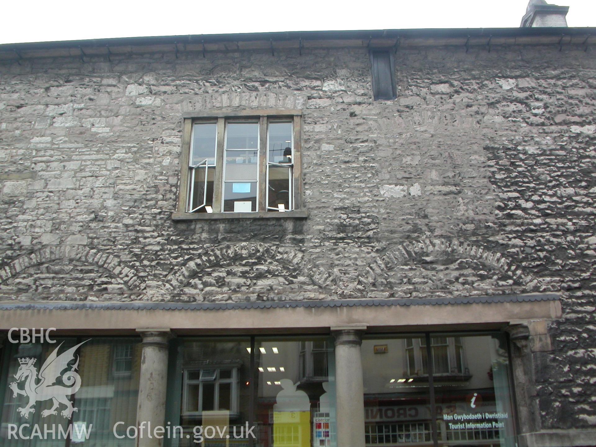 Denbigh Town Hall, detail of western end of northerly elevation, first floor level showing blocked openings and roof heighting, viewed from north-north-west.