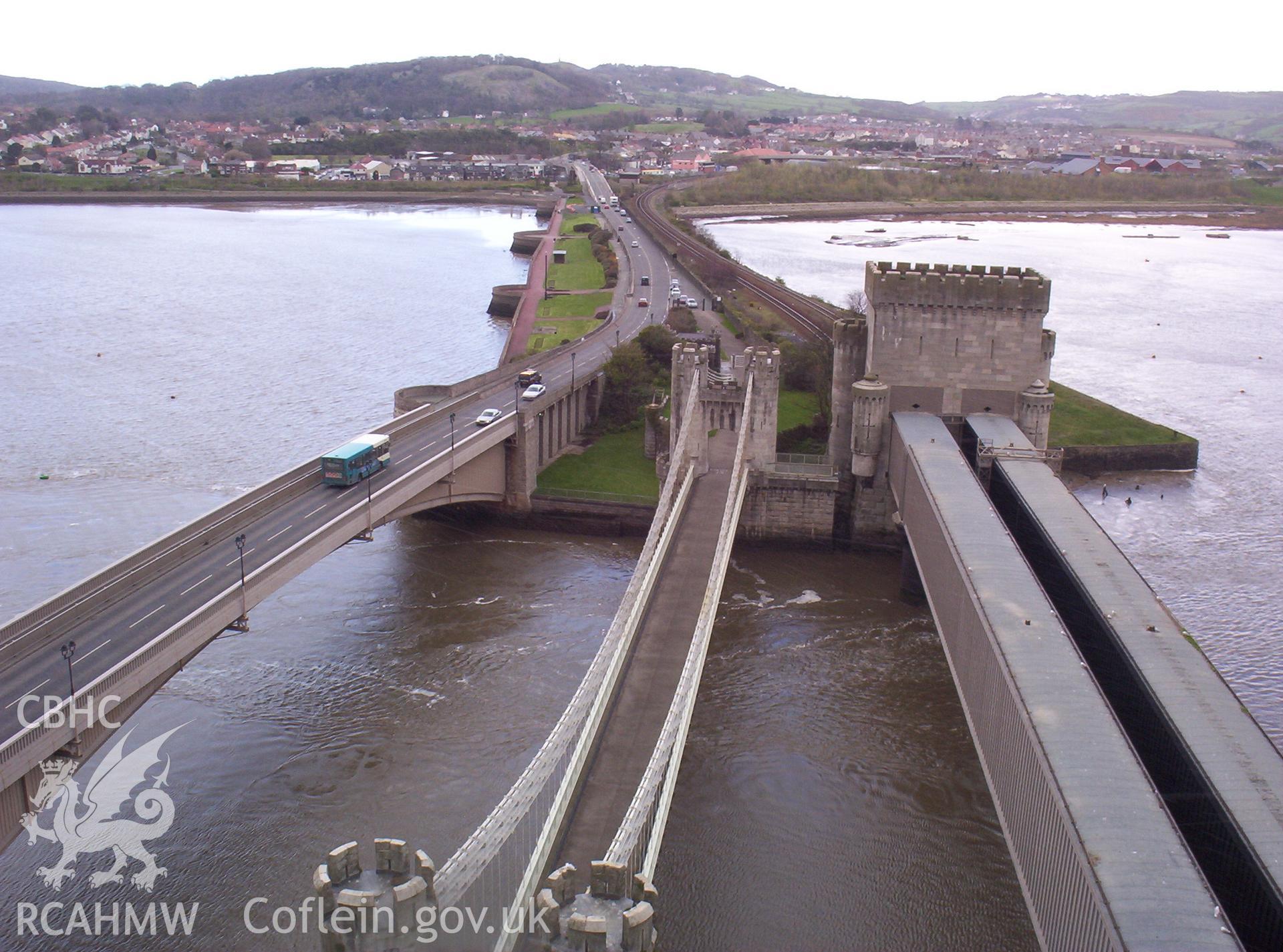 Three bridges and causeway from top of the east tower turrets of the castle.