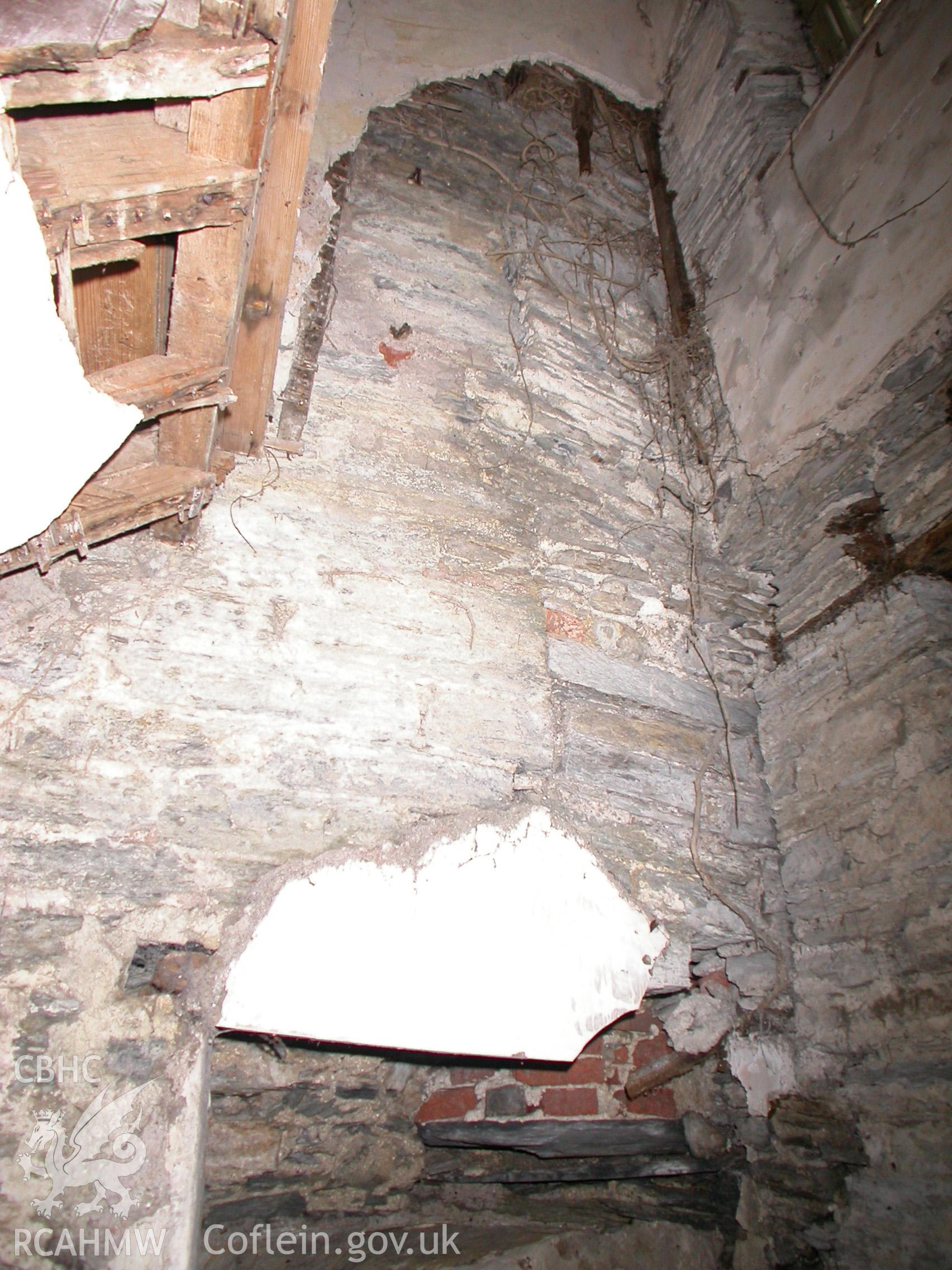 North face of D-shaped tower wall between 'basement' and 'ground' floor level.