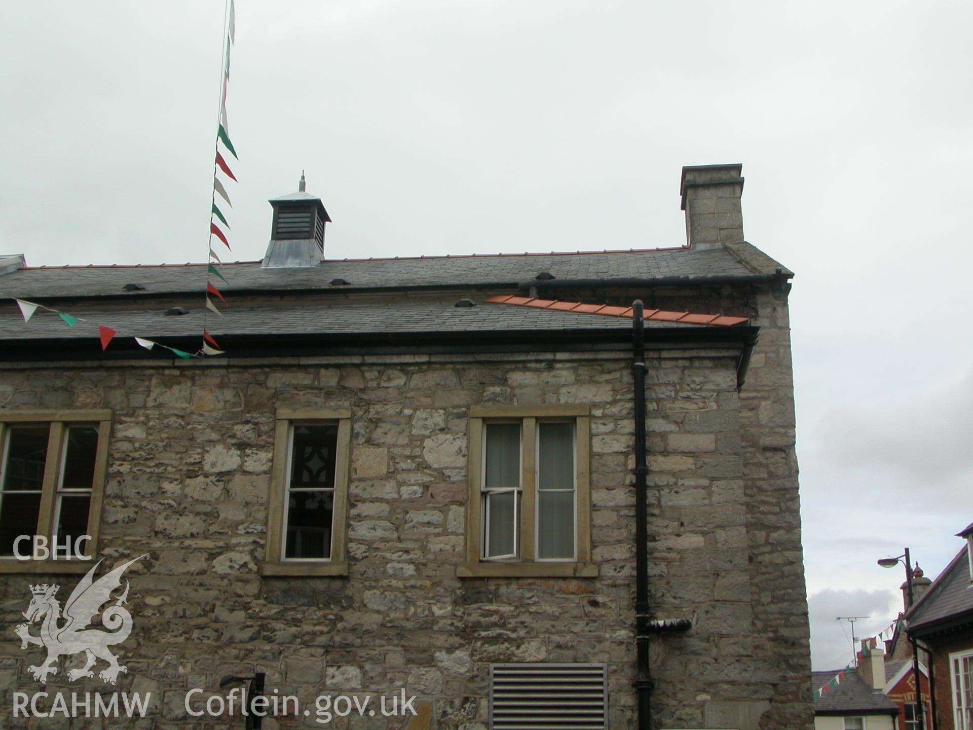 Denbigh Town Hall, detail of chimney at the eastern end of the main ridge, from the south.