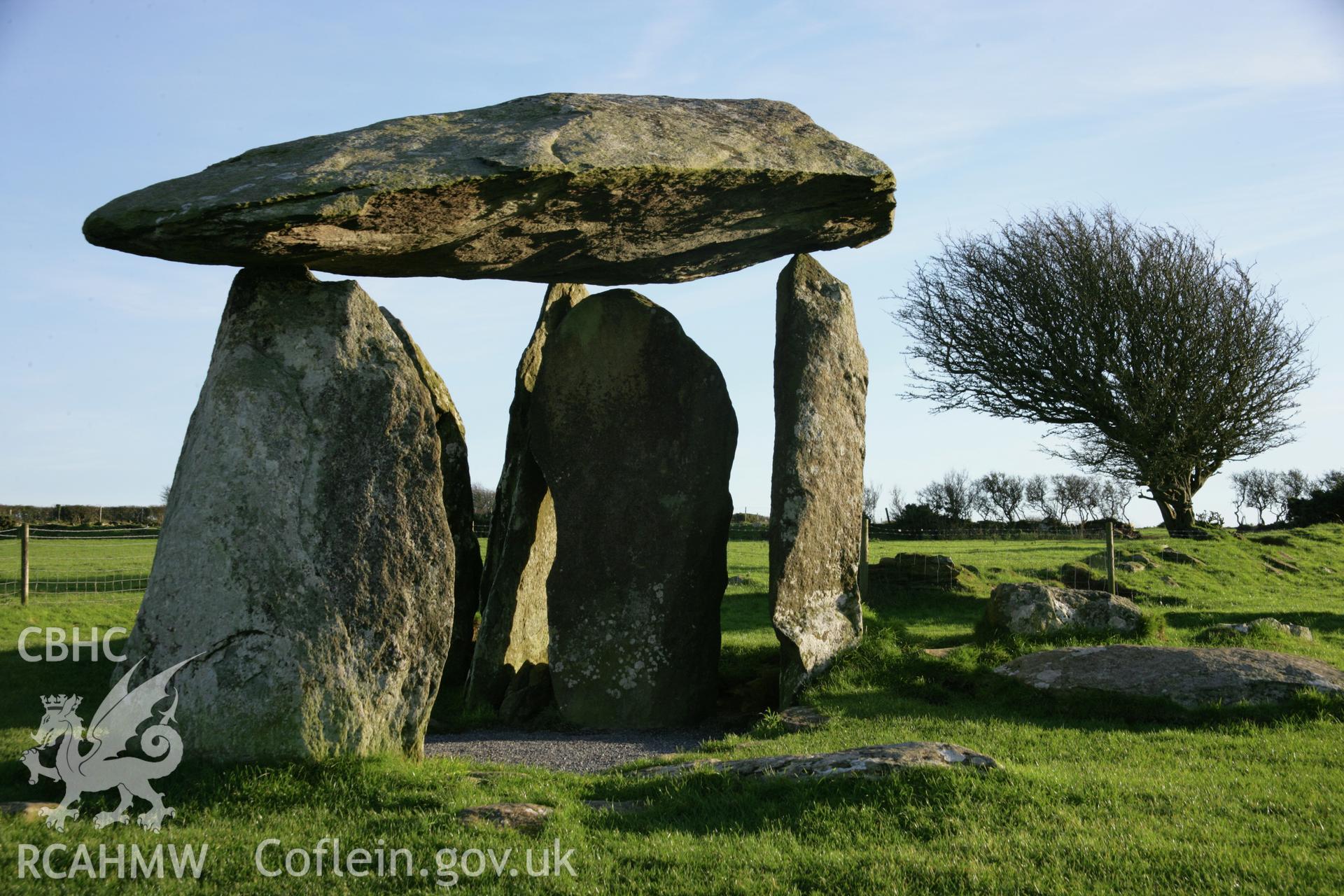 Pentre Ifan chambered tomb at sunset; view from the north-west.