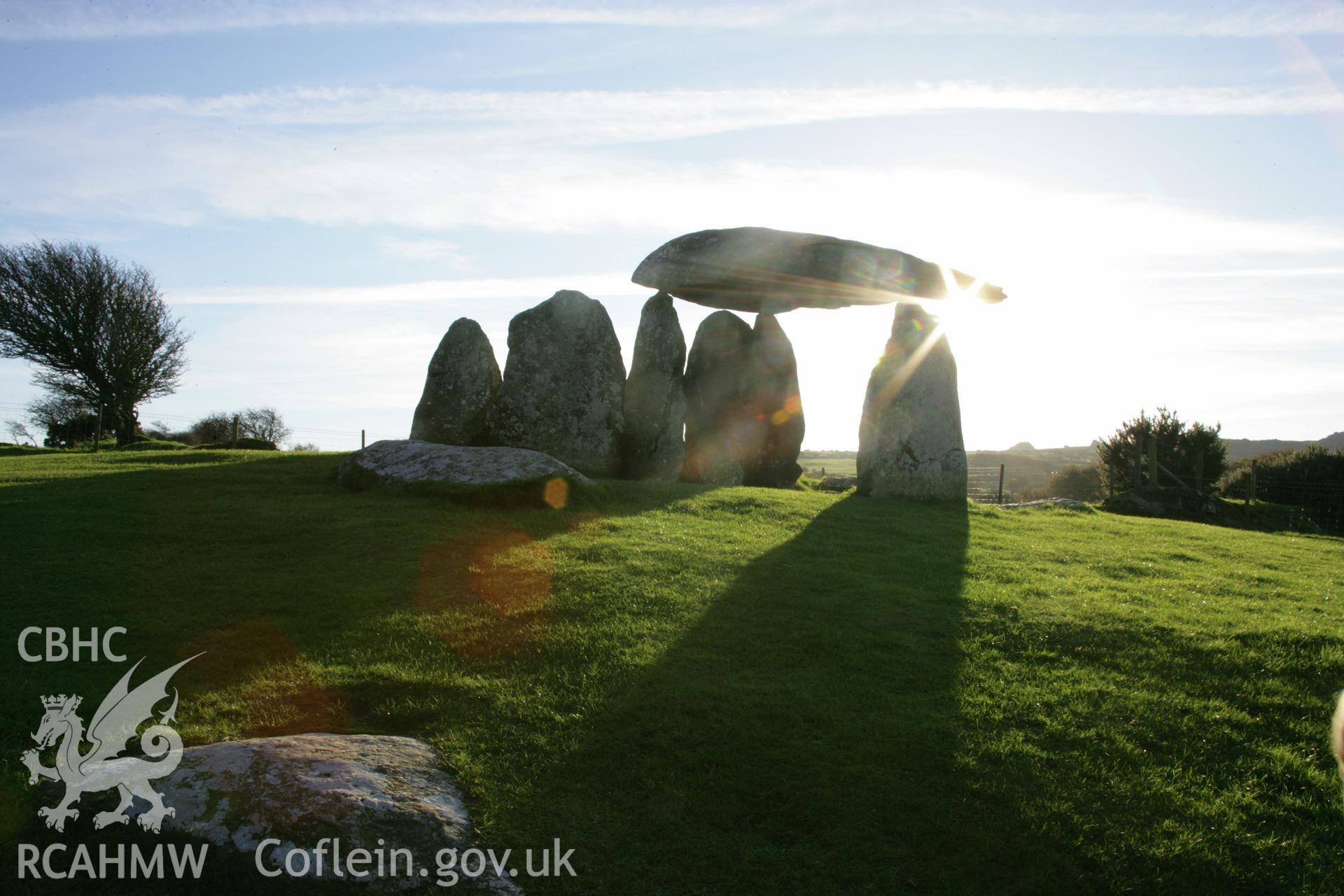Pentre Ifan chambered tomb at sunset; general view of the chamber with low sun from the north-east.