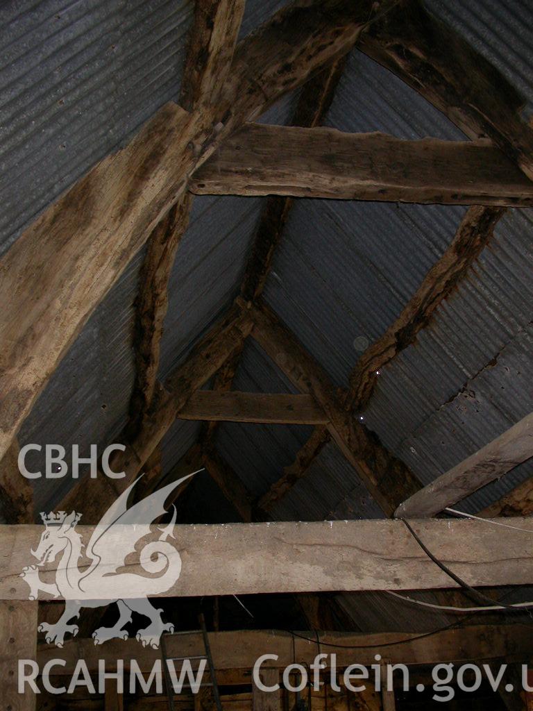 Truss 3, north side, showing detailing if empty mortice and stave holes.