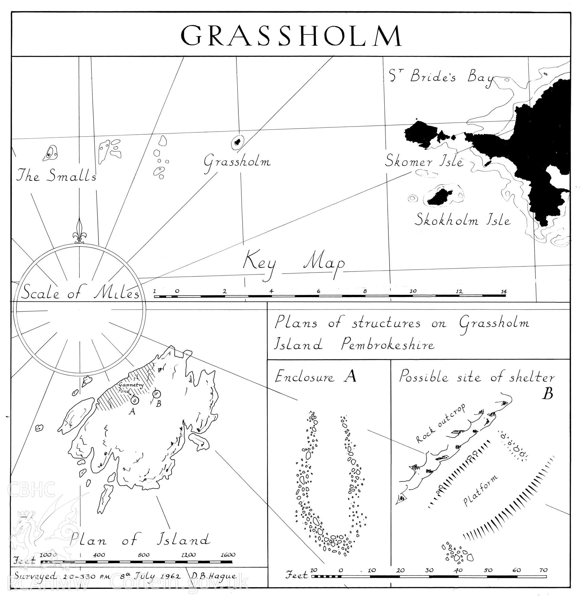 Drawing by Douglas Hague showing Grassholm Island comprising key map, map of the island and plans of structures on the island.