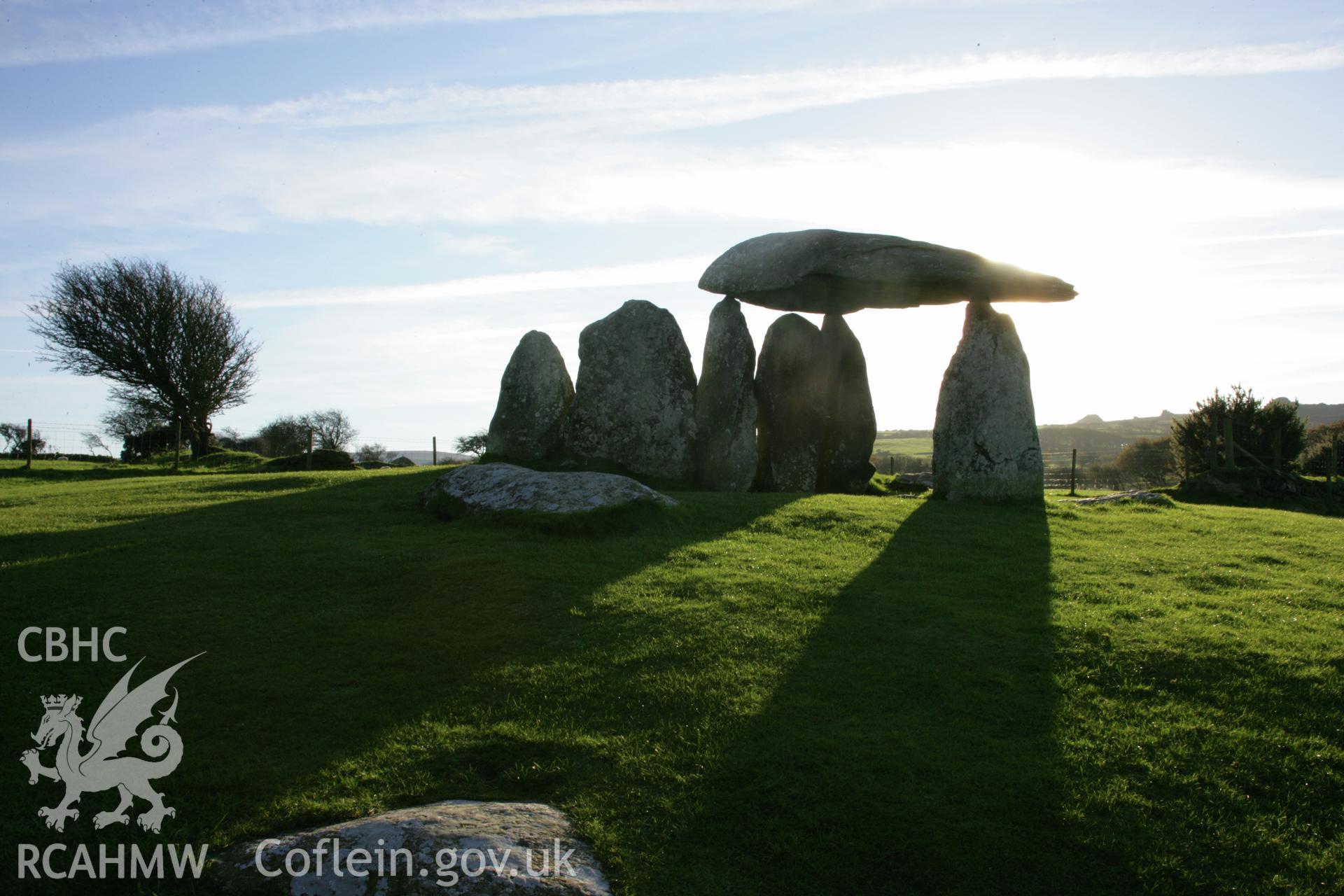 Pentre Ifan chambered tomb at sunset; general view of the chamber with low sun from the north-east.