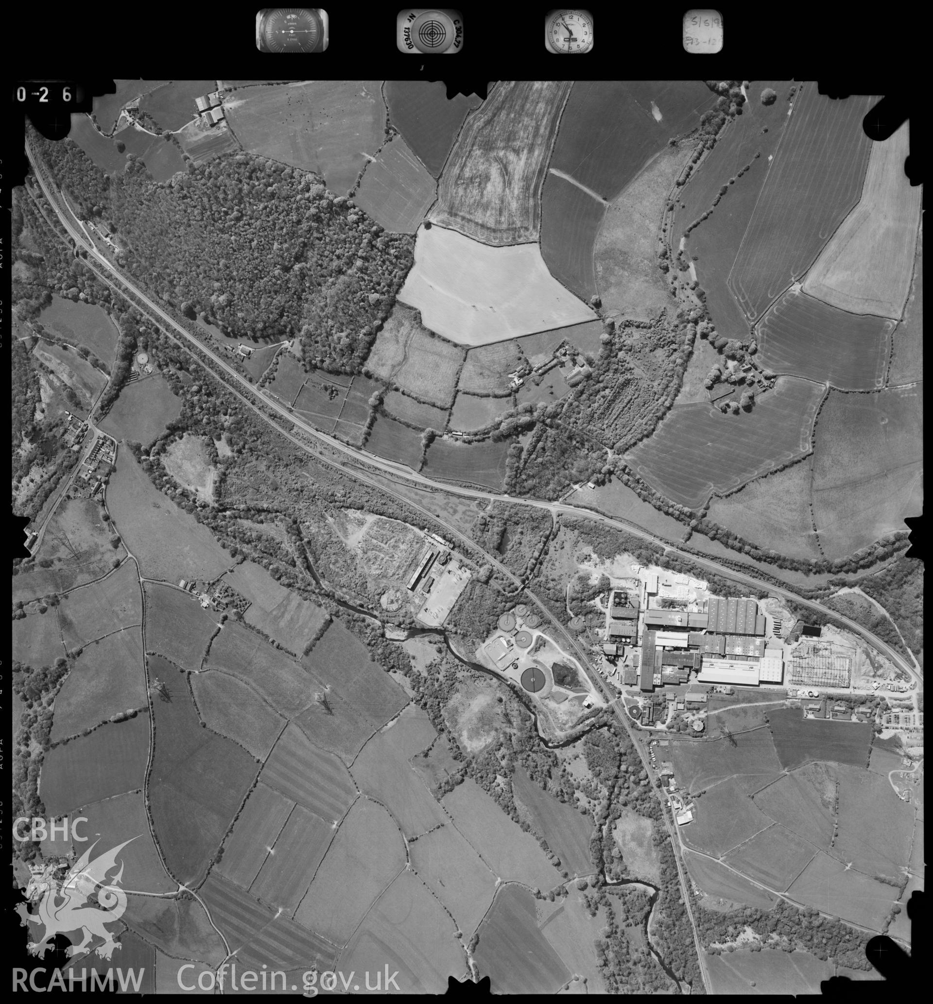 Digitized copy of an aerial photograph showing Bridgend Paper Mill, taken by Ordnance Survey, 1993.