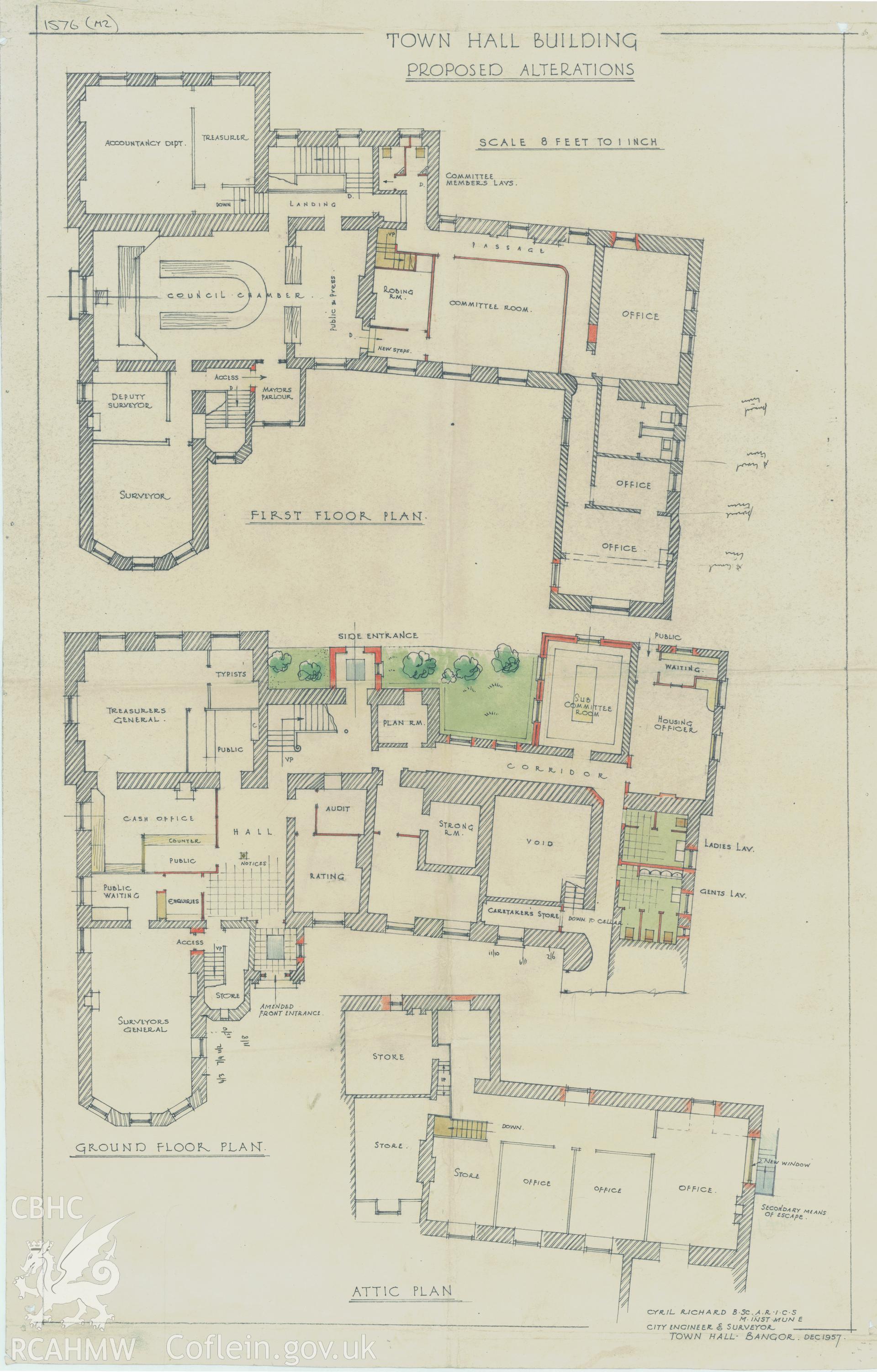 Copy of a non RCAHMW drawing by C. Richards showing plan of Bishops Palace, Bangor.
