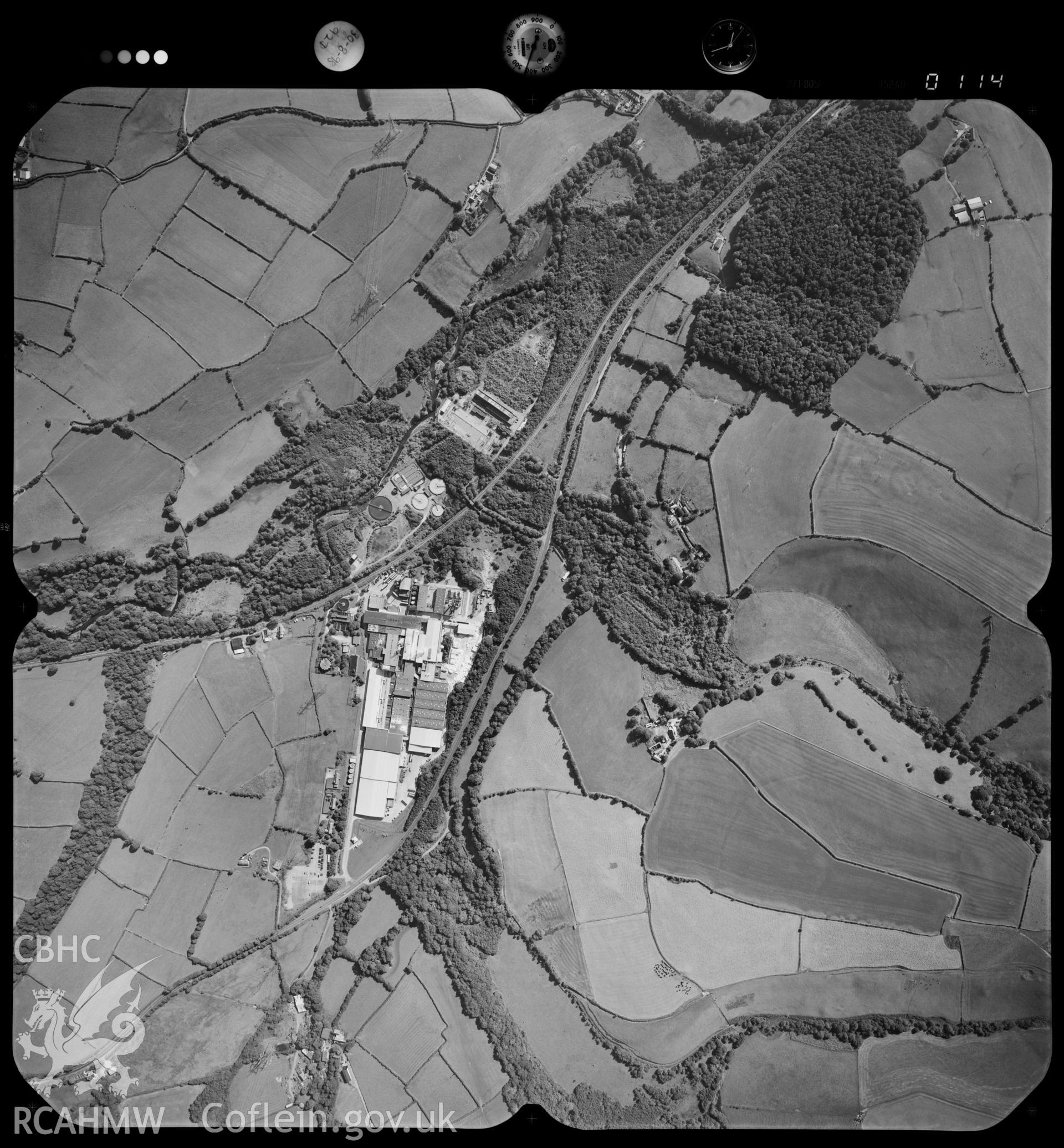 Digitized copy of an aerial photograph showing Bridgend Paper Mill, taken by Ordnance Survey, 1998.