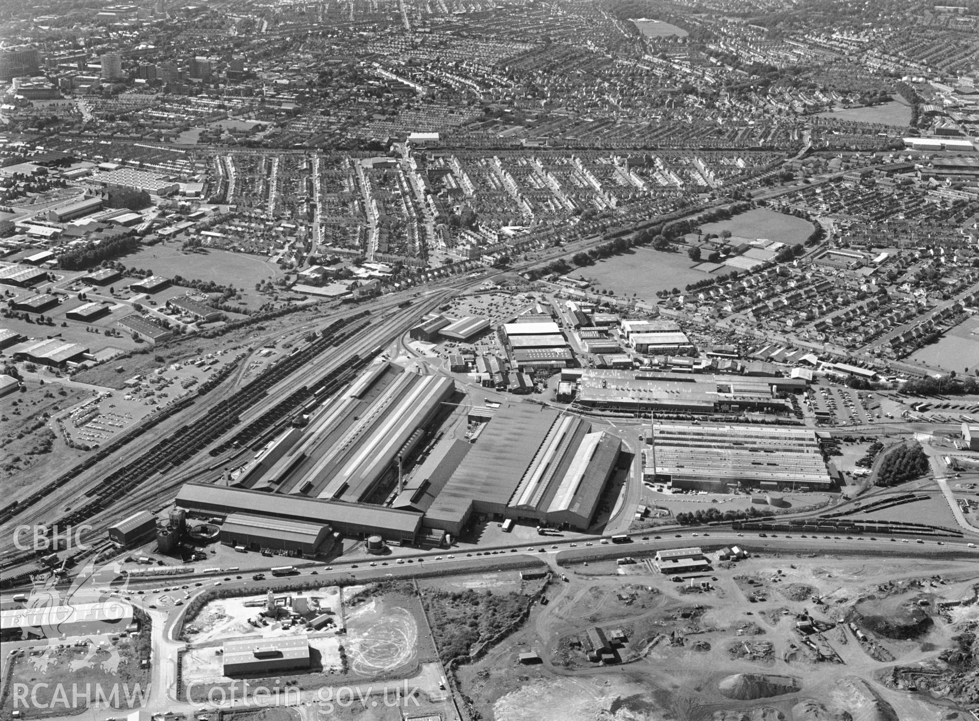 RCAHMW black and white oblique aerial photograph of East Moors steel works. Taken by C R Musson on 20/07/1995