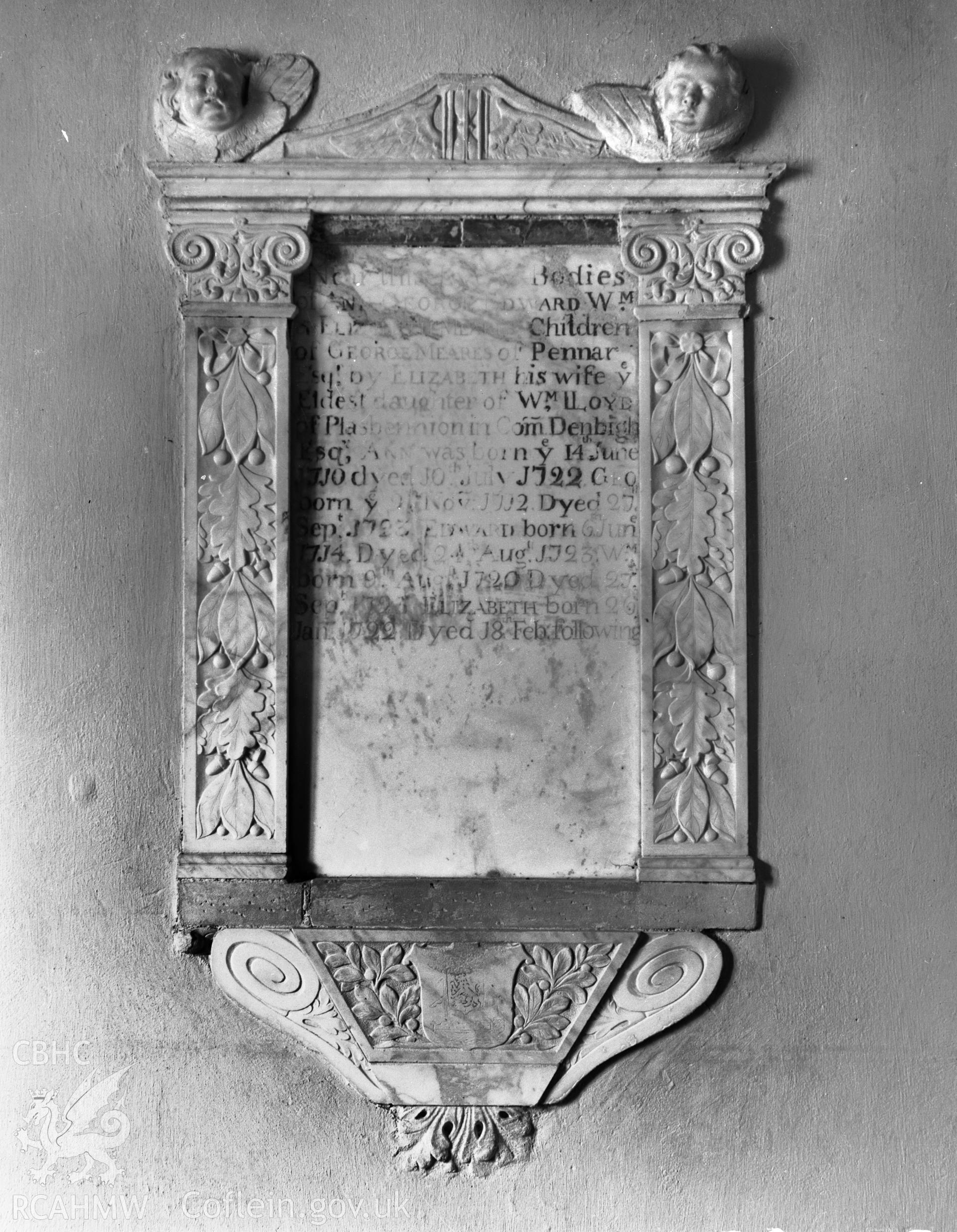 View of memorial to the children of G. Meares in Pwllcrochan Church taken in 05.09.1941.