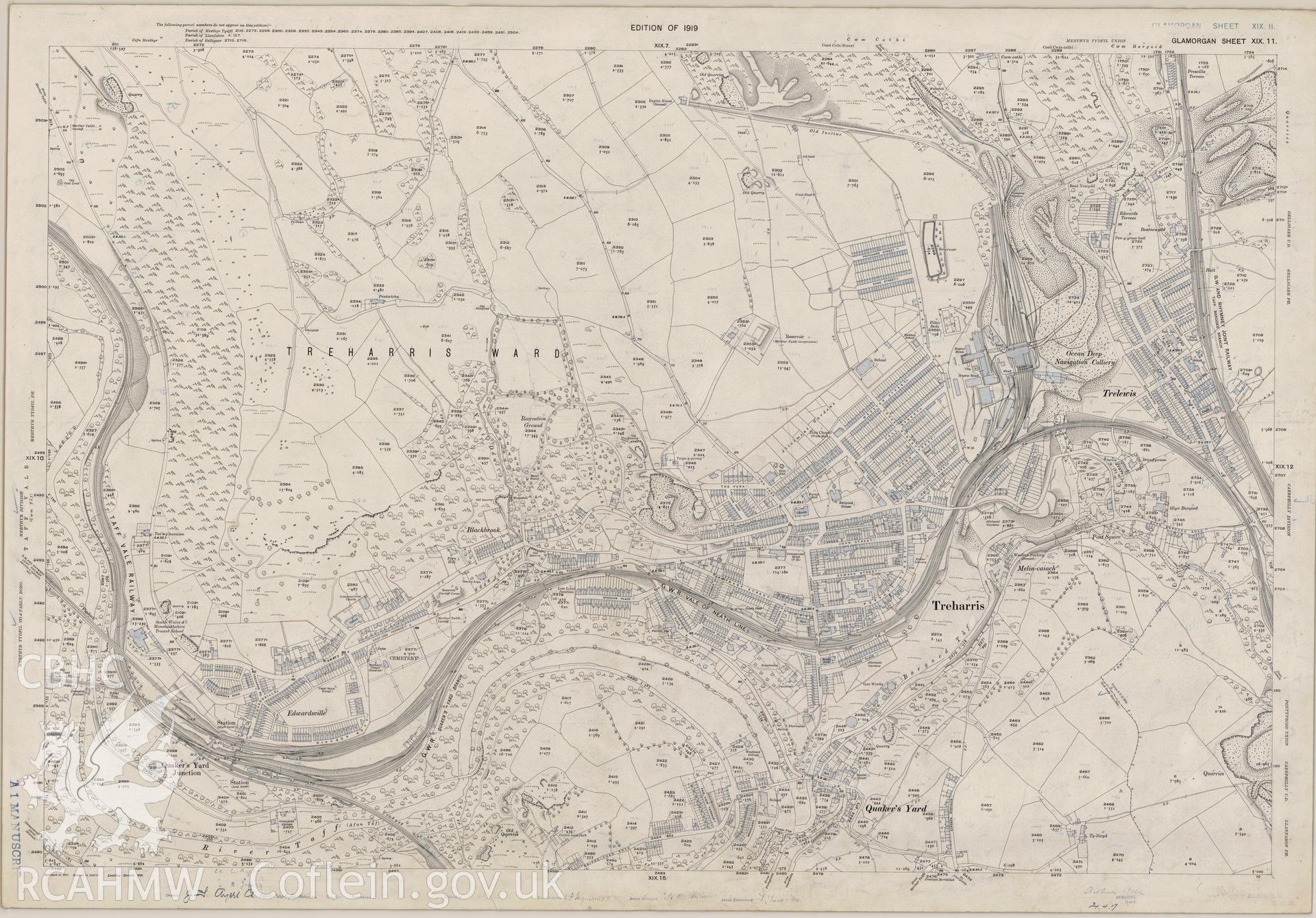 Digitized copy of Ordnance Survey 25 inch 1919 edition map of the Treharris area.