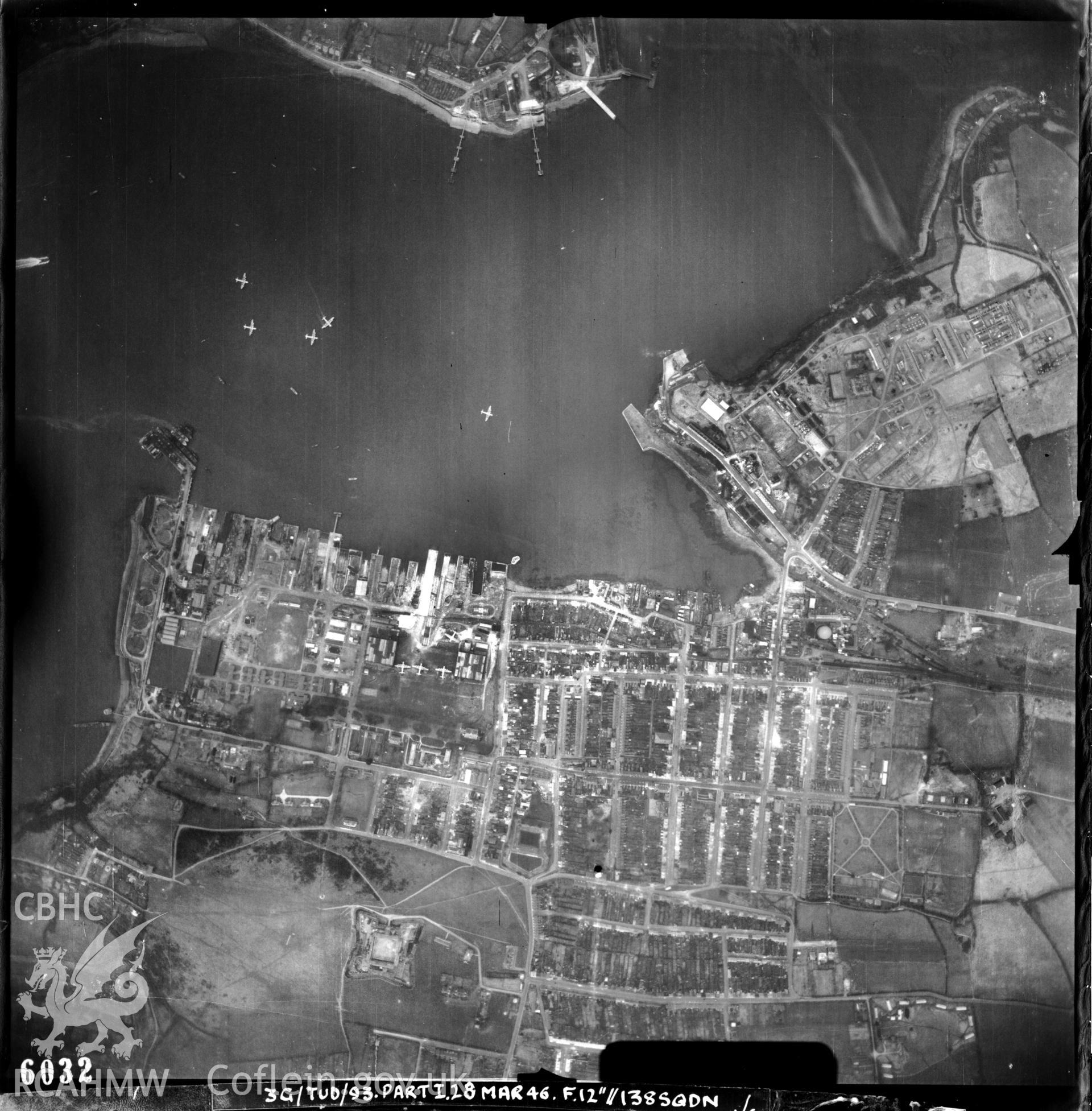 Black and white vertical aerial photograph taken by the RAF on 28/03/1946 centred on SM97190384 at a scale of 1:10000. The photograph includes part of Pembroke Dock community in Pembrokeshire.