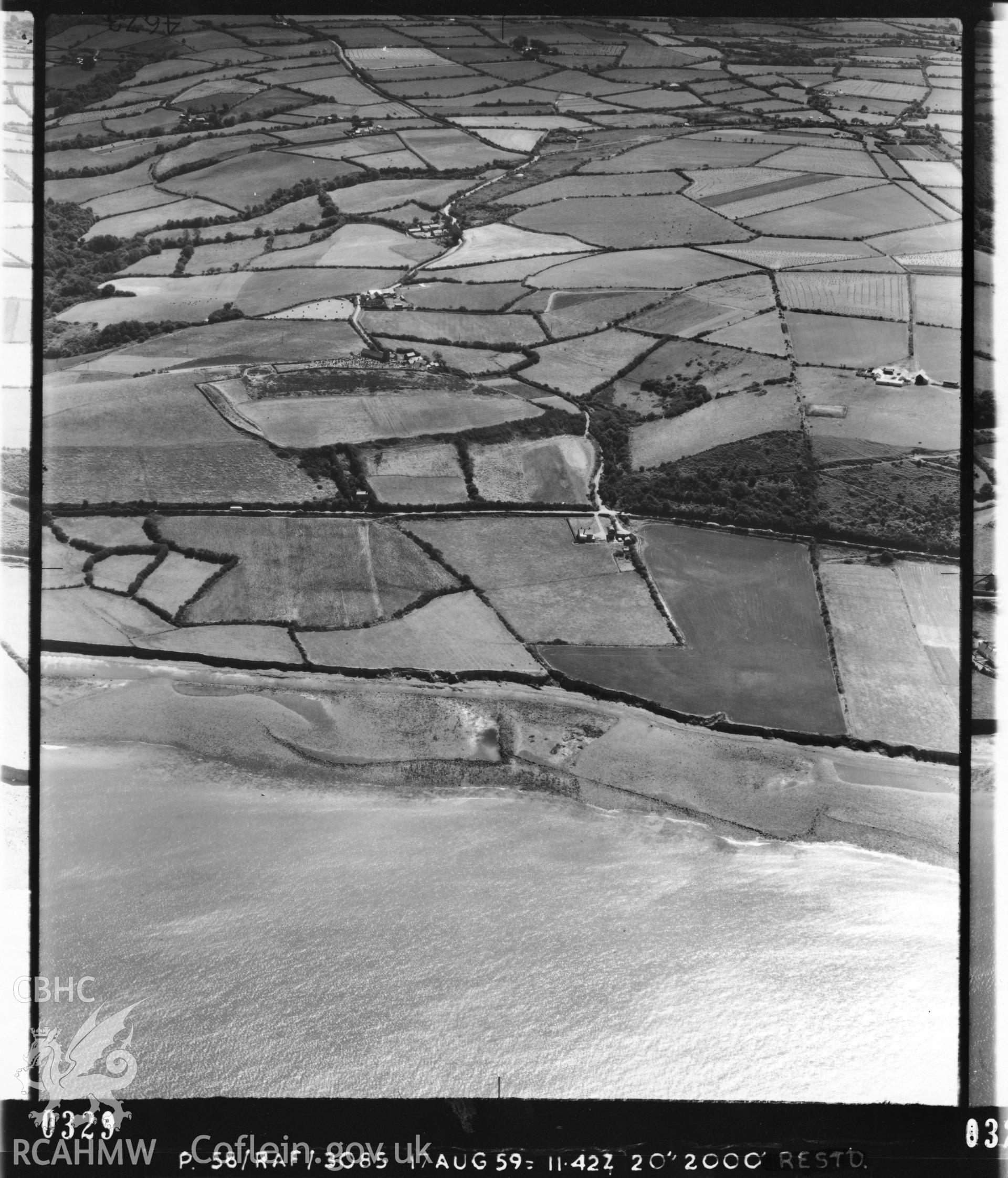 Black and white vertical aerial photograph taken by the RAF on 1959 showing the Aberarth fish trap complex.