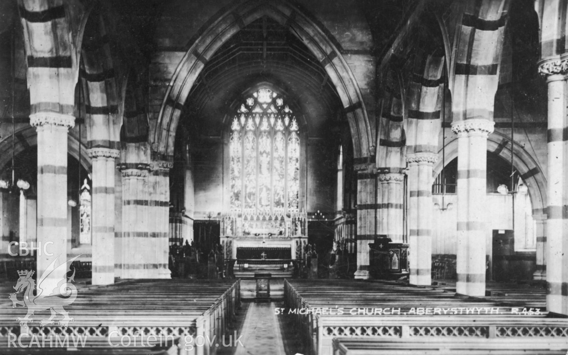 Digital copy of postcard showing interior of St Michael's church, Aberystwyth, dated early 20th c. Loaned for copying by Charlie Downes