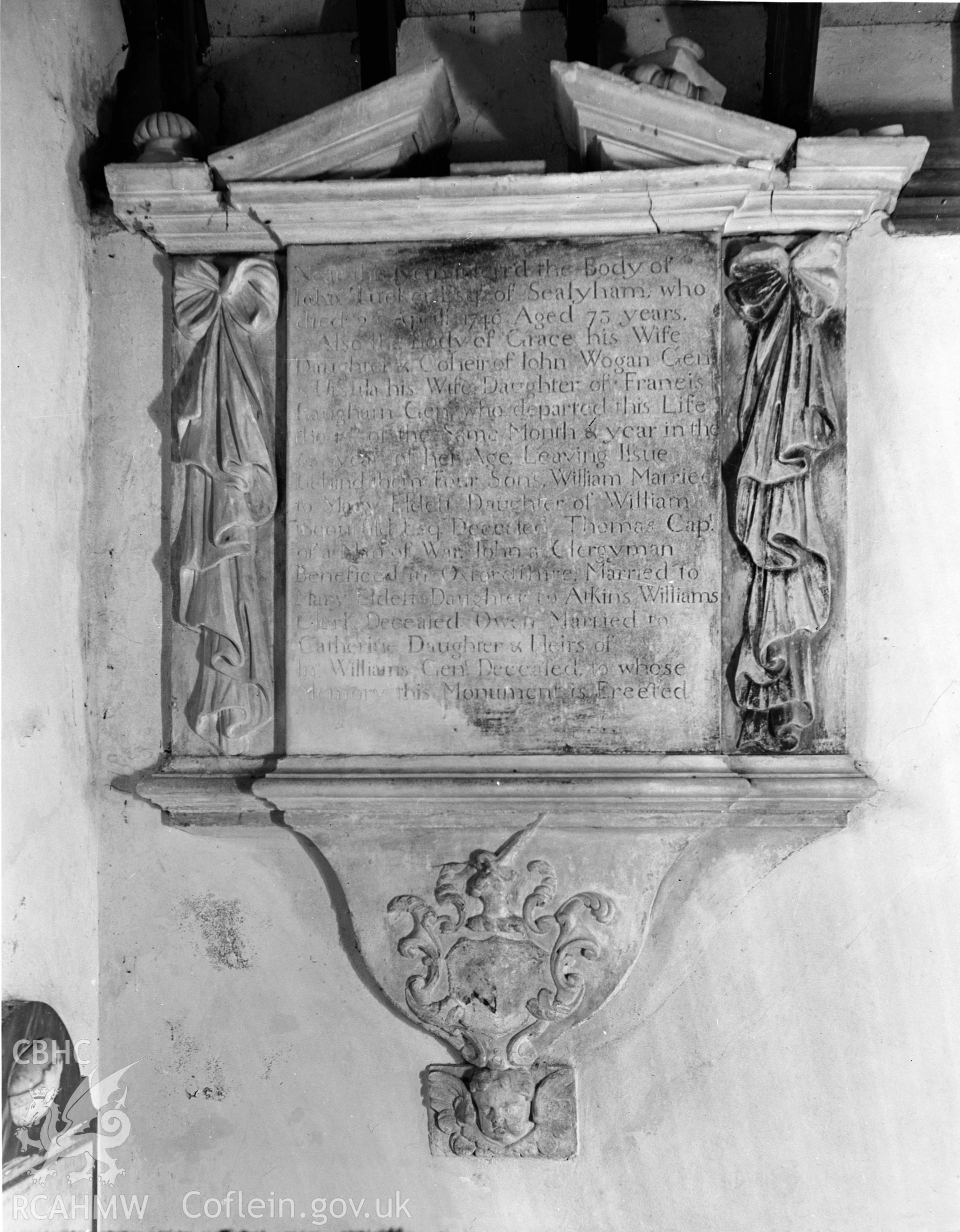 View of memorial to John Tucker d.1740 at St Dogwells Church, Llantydewi taken in 28.08.1941.