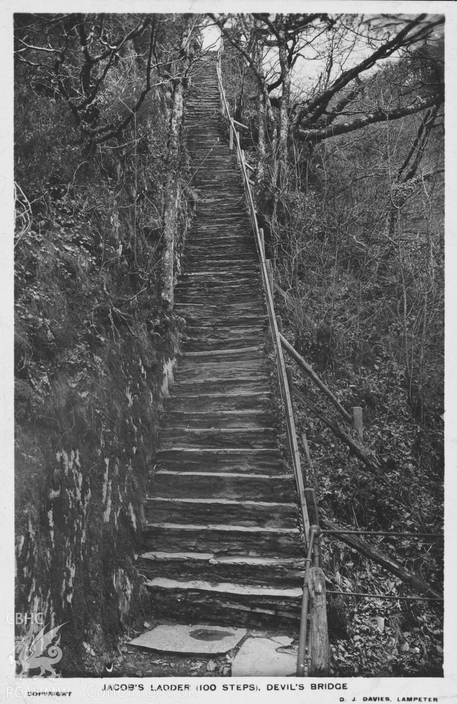 Digital copy of postcard showing Jacob's Ladder (100 steps), Devil's Bridge, dated 1938.  Loaned for copying by Charlie Downes.