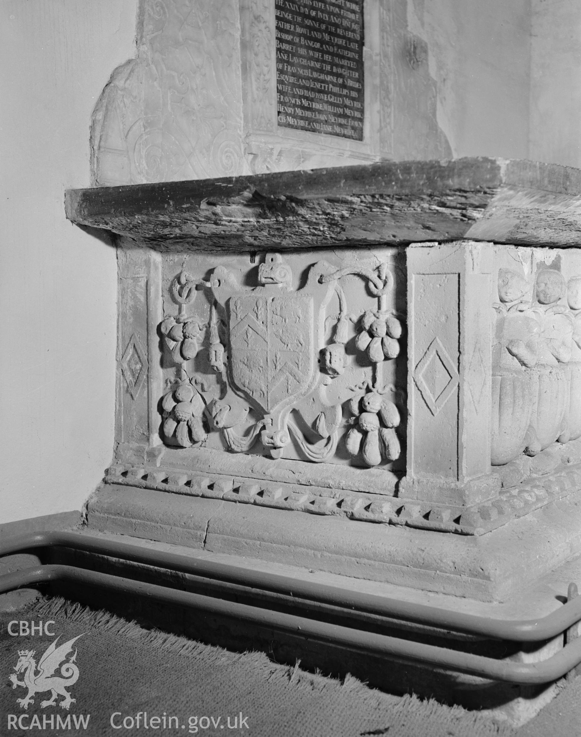 View of monument to Sir Francis Meyrike d.1603 under the tower at Monkton Priory taken in 07.08.1941.