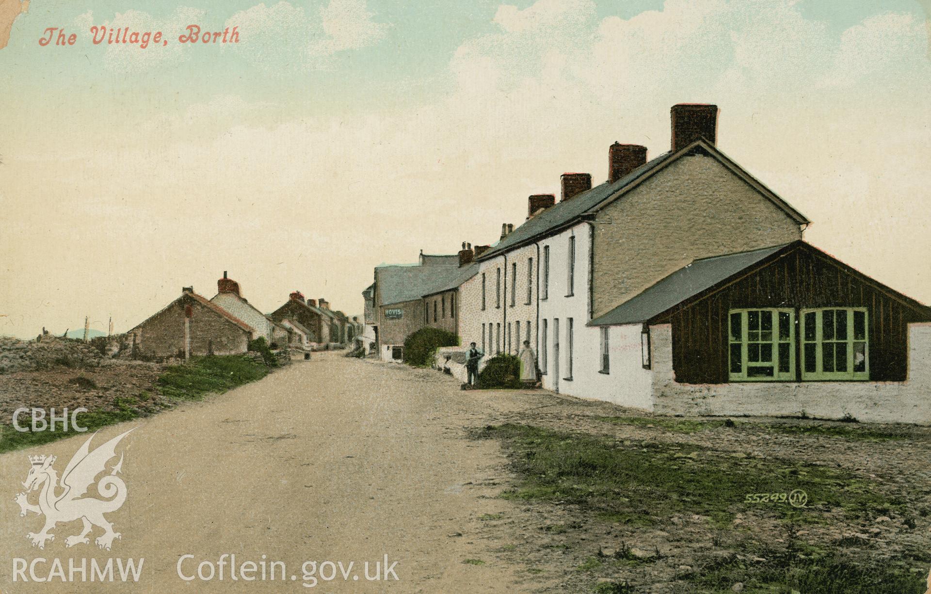 Digital copy of postcard showing The Village, Borth, dated 1909 (Publisher: Valentine).  Loaned for copying by Charlie Downes.