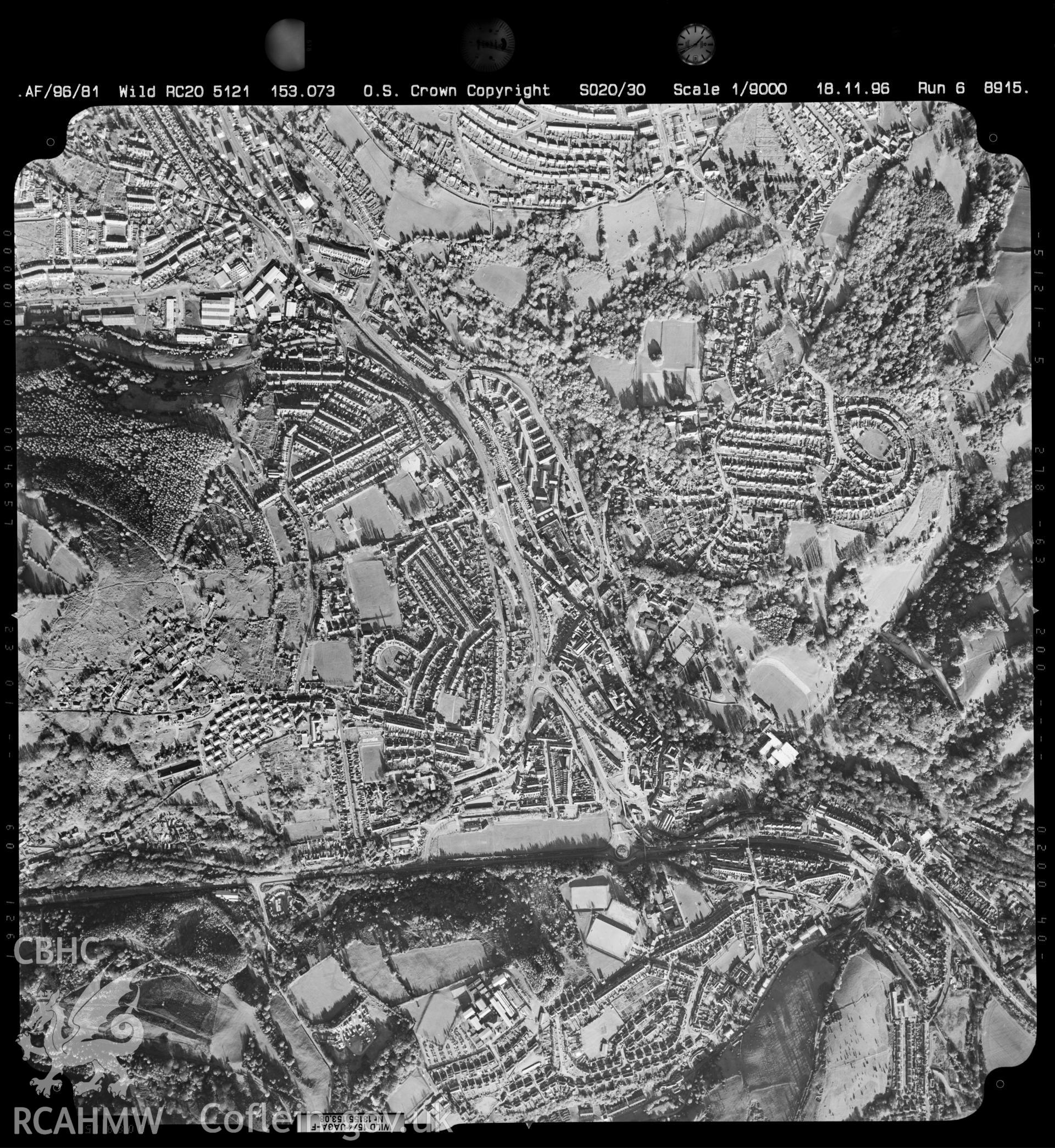 Digitized copy of an aerial photograph showing the Pontypool area, taken by Ordnance Survey, 1996.