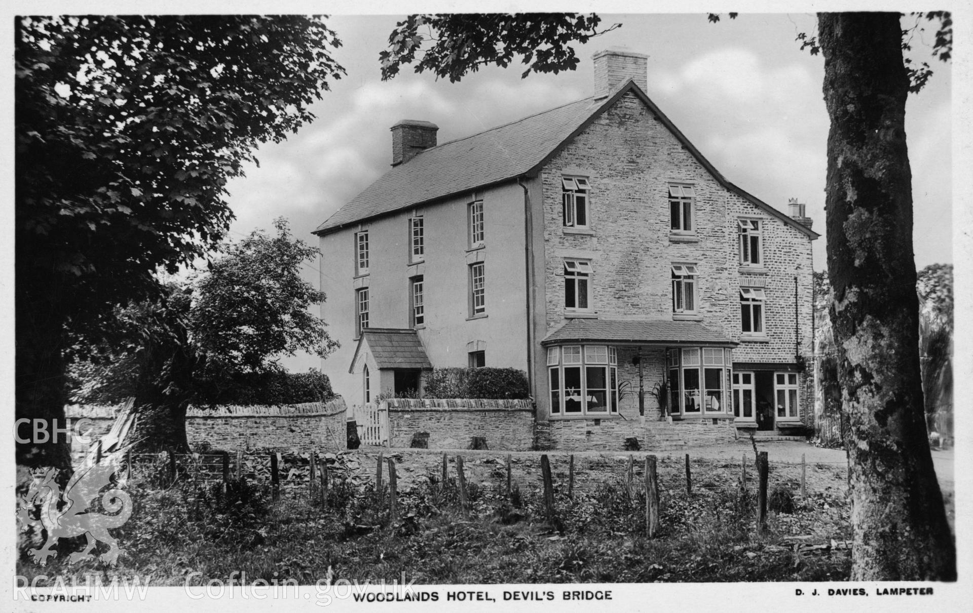 Digital copy of postcard showing Woodlands Hotel, Devil's Bridge, dated early 20th century (Publisher: D J Davies, Lampeter).  Loaned for copying by Charlie Downes.
