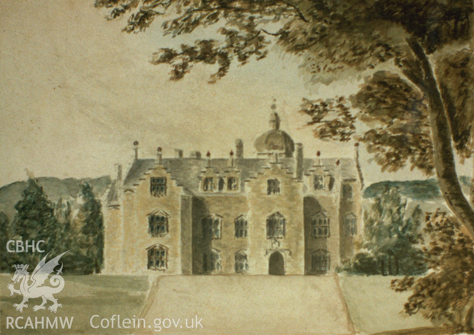 Colour photographic print of a watercolour by Thomas Laugharne, picturing Plas Coch, Llanddaniel Fab in c.1840, no negative held.